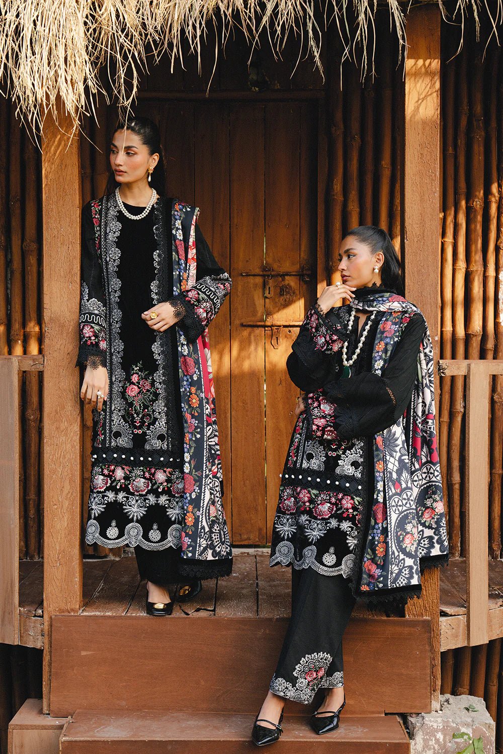 Model wearing REVNA - SRW24 - 08 from Saira Rizwan's Winter Unstitched '24 Collection featuring intricate designs. Pakistani clothes online in UK.