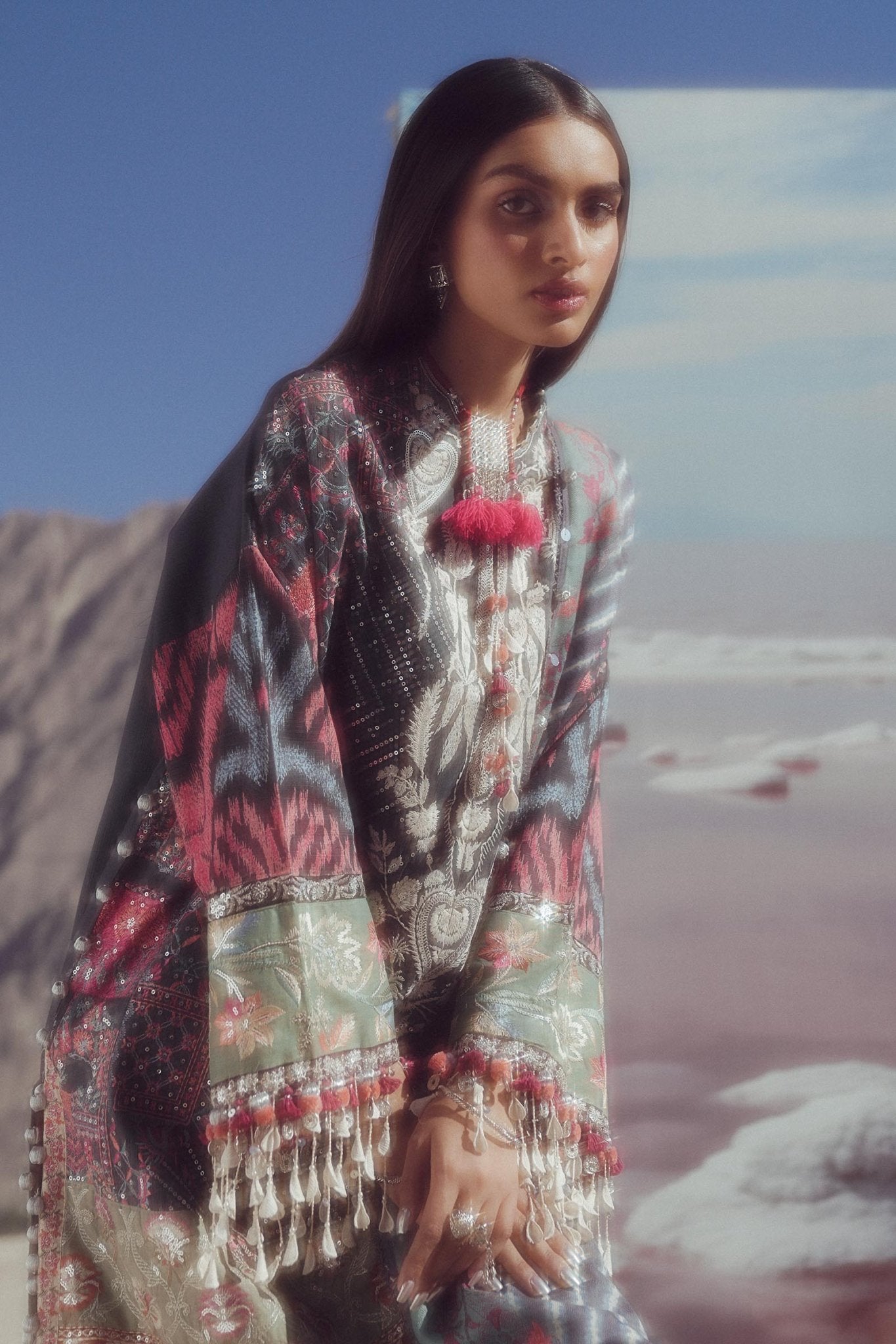 Model wearing S241 - 007B - 3CP from Sana Safinaz Winter Luxury '24, showcasing elegant style and vibrant color. Pakistani clothes online in UK at Signature Labels.