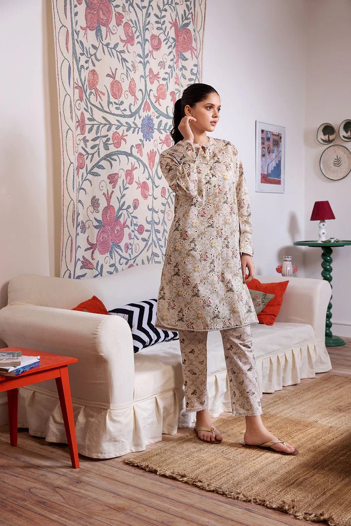 Model wearing Design 1A dress from Sobia Nazir's SN Basics '24 Unstitched collection. Shop Sobia Nazir and Pakistani clothes online in UK at Signature Labels.