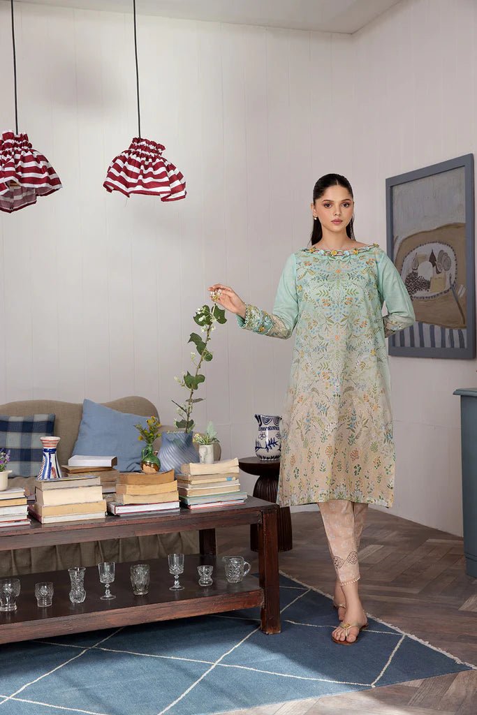 Model wearing Design 2B dress from Sobia Nazir's SN Basics '24 Unstitched collection. Shop Sobia Nazir and Pakistani clothes online in UK at Signature Labels.