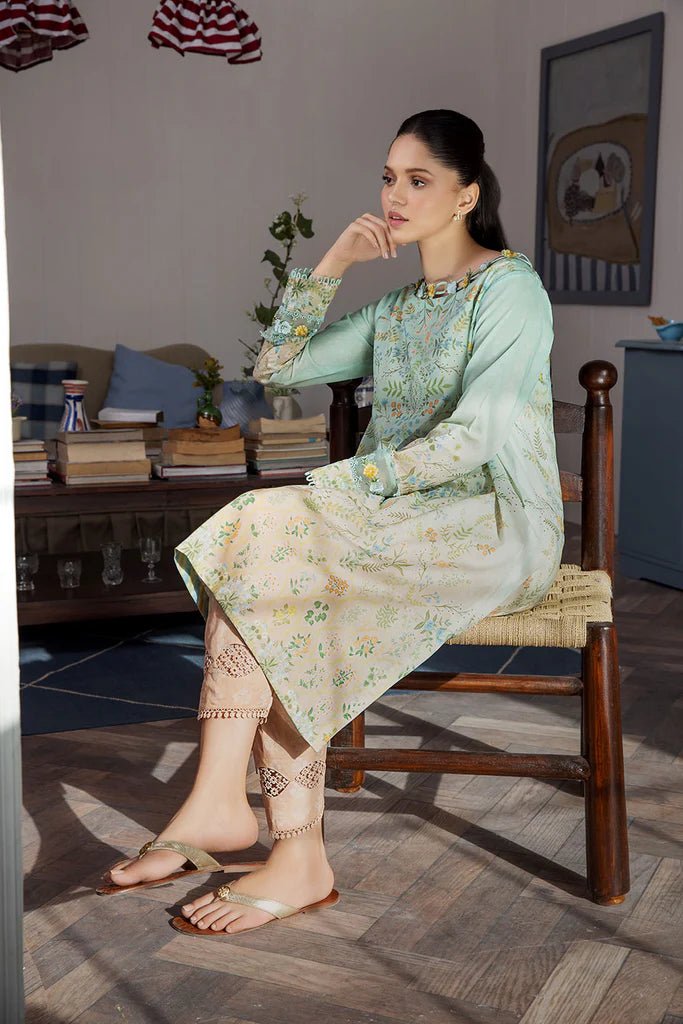 Model wearing Design 2B dress from Sobia Nazir's SN Basics '24 Unstitched collection. Shop Sobia Nazir and Pakistani clothes online in UK at Signature Labels.