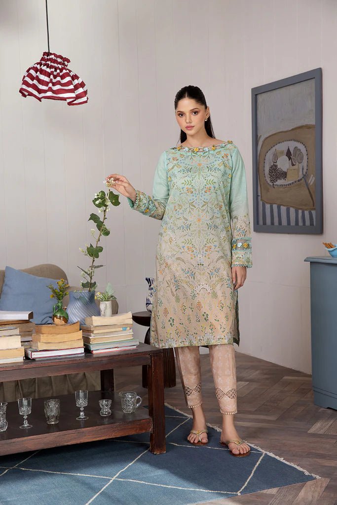 Model wearing Design 2B dress from Sobia Nazir's SN Basics '24 Unstitched collection. Shop Sobia Nazir and Pakistani clothes online in UK at Signature Labels.