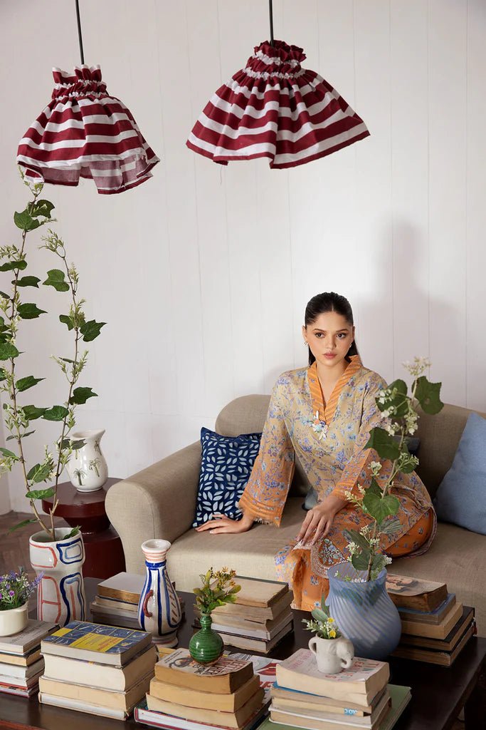 Model wearing Design 2B dress from Sobia Nazir's SN Basics '24 Unstitched collection. Shop Sobia Nazir and Pakistani clothes online in UK at Signature Labels.
