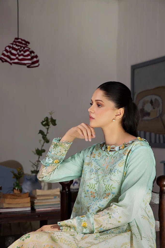 Model wearing Design 2B dress from Sobia Nazir's SN Basics '24 Unstitched collection. Shop Sobia Nazir and Pakistani clothes online in UK at Signature Labels.