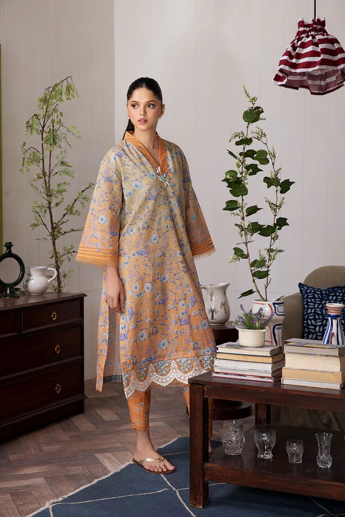 Model wearing Design 4A dress from Sobia Nazir's SN Basics '24 Unstitched collection. Shop Sobia Nazir and Pakistani clothes online in UK at Signature Labels.