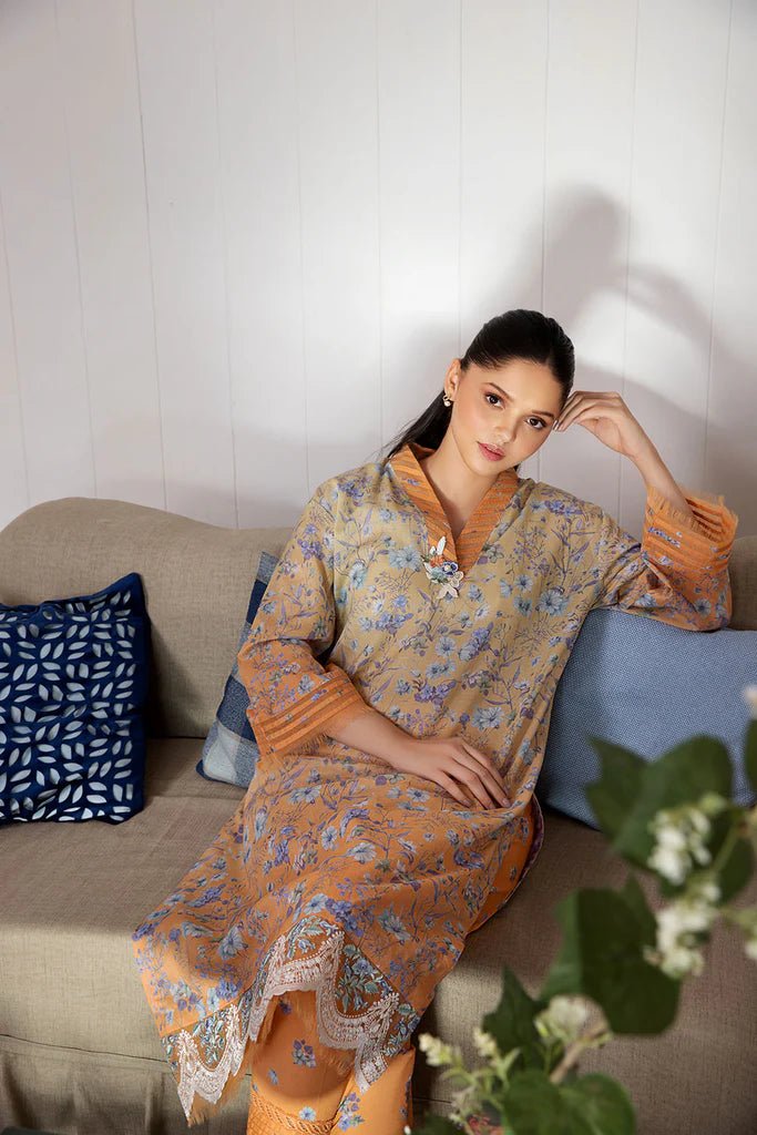 Model wearing Design 4A dress from Sobia Nazir's SN Basics '24 Unstitched collection. Shop Sobia Nazir and Pakistani clothes online in UK at Signature Labels.