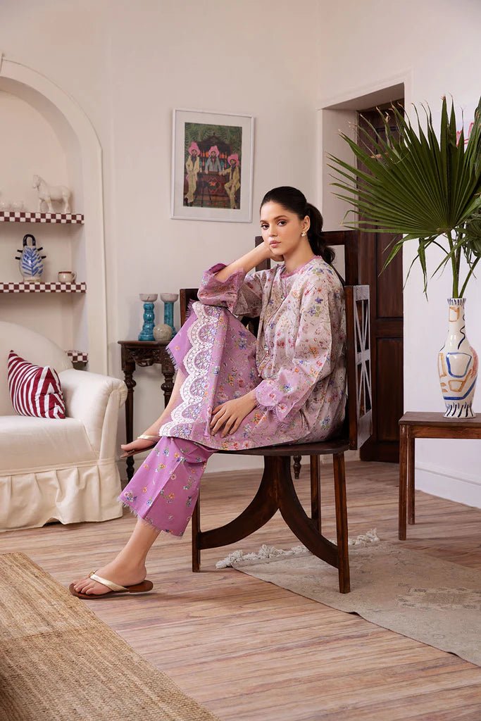 Model wearing Design 4B dress from Sobia Nazir's SN Basics '24 Unstitched collection. Shop Sobia Nazir and Pakistani clothes online in UK.