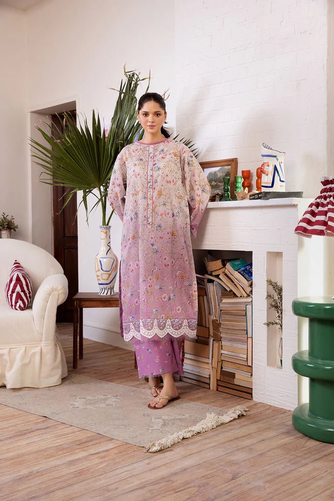 Model wearing Design 4B dress from Sobia Nazir's SN Basics '24 Unstitched collection. Shop Sobia Nazir and Pakistani clothes online in UK.
