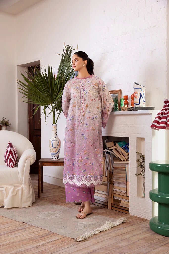 Model wearing Design 4B dress from Sobia Nazir's SN Basics '24 Unstitched collection. Shop Sobia Nazir and Pakistani clothes online in UK.