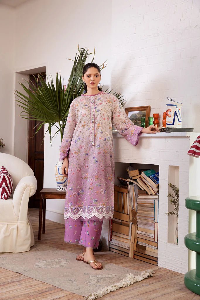 Model wearing Design 4B dress from Sobia Nazir's SN Basics '24 Unstitched collection. Shop Sobia Nazir and Pakistani clothes online in UK.