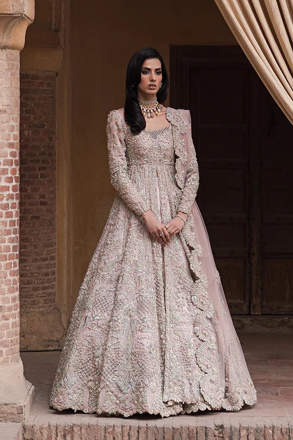 model wearing SORAYA VIANA Pakistani bridal dress in UK, blush pink embellished gown