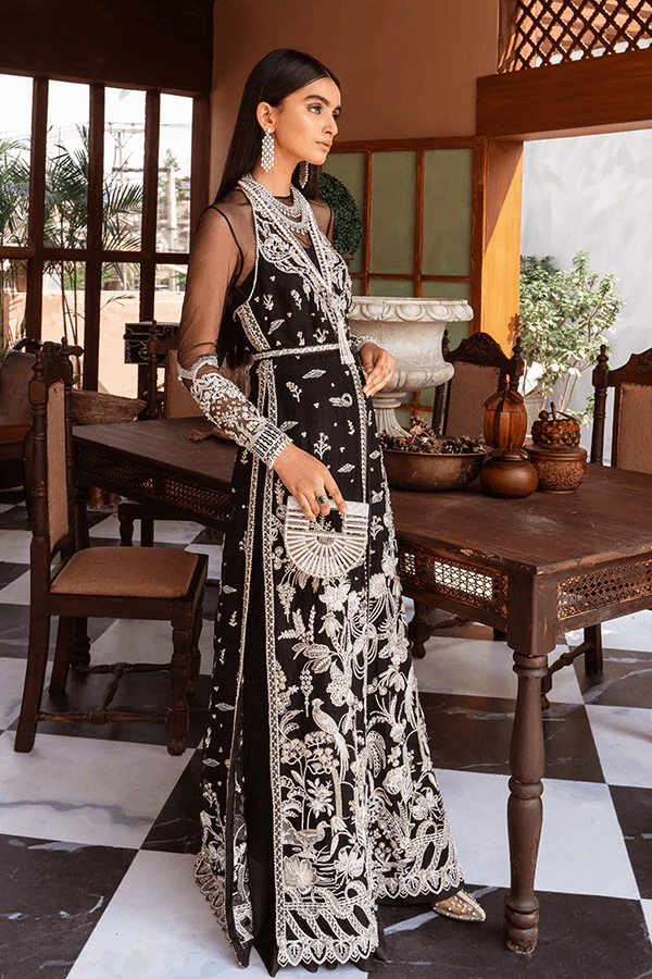 Model showcasing Suffuse Tahitian Pearl dress, a luxurious pick from Luxury Pret Aura collection. Ideal for Pakistani wedding clothes online in UK.
