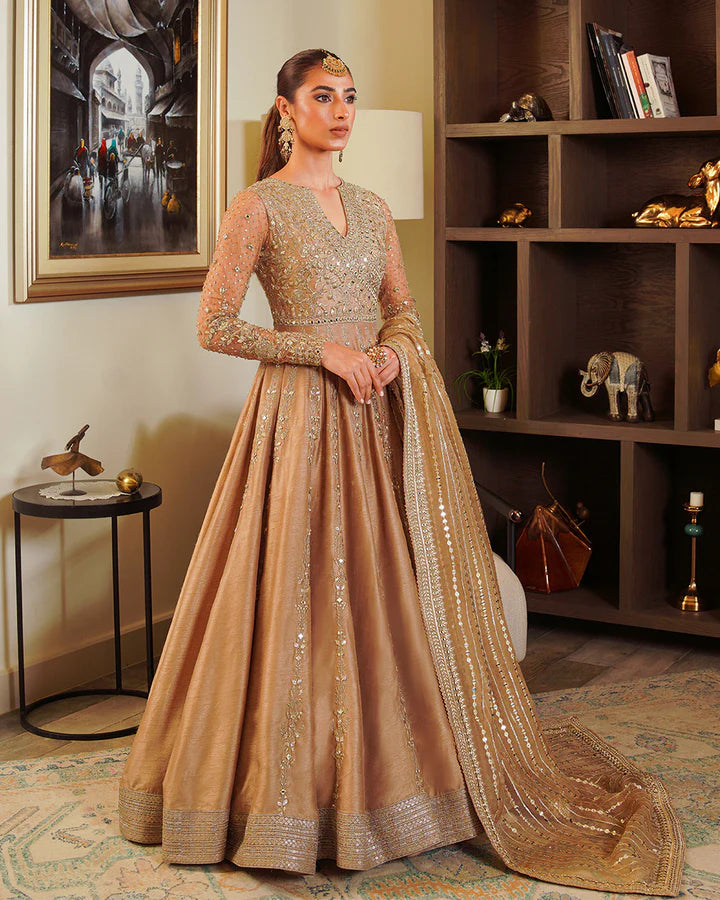 Model wearing beige and multicolor dress Sulata by Faiza Saqlain, Pakistani luxury pret, available online in UK