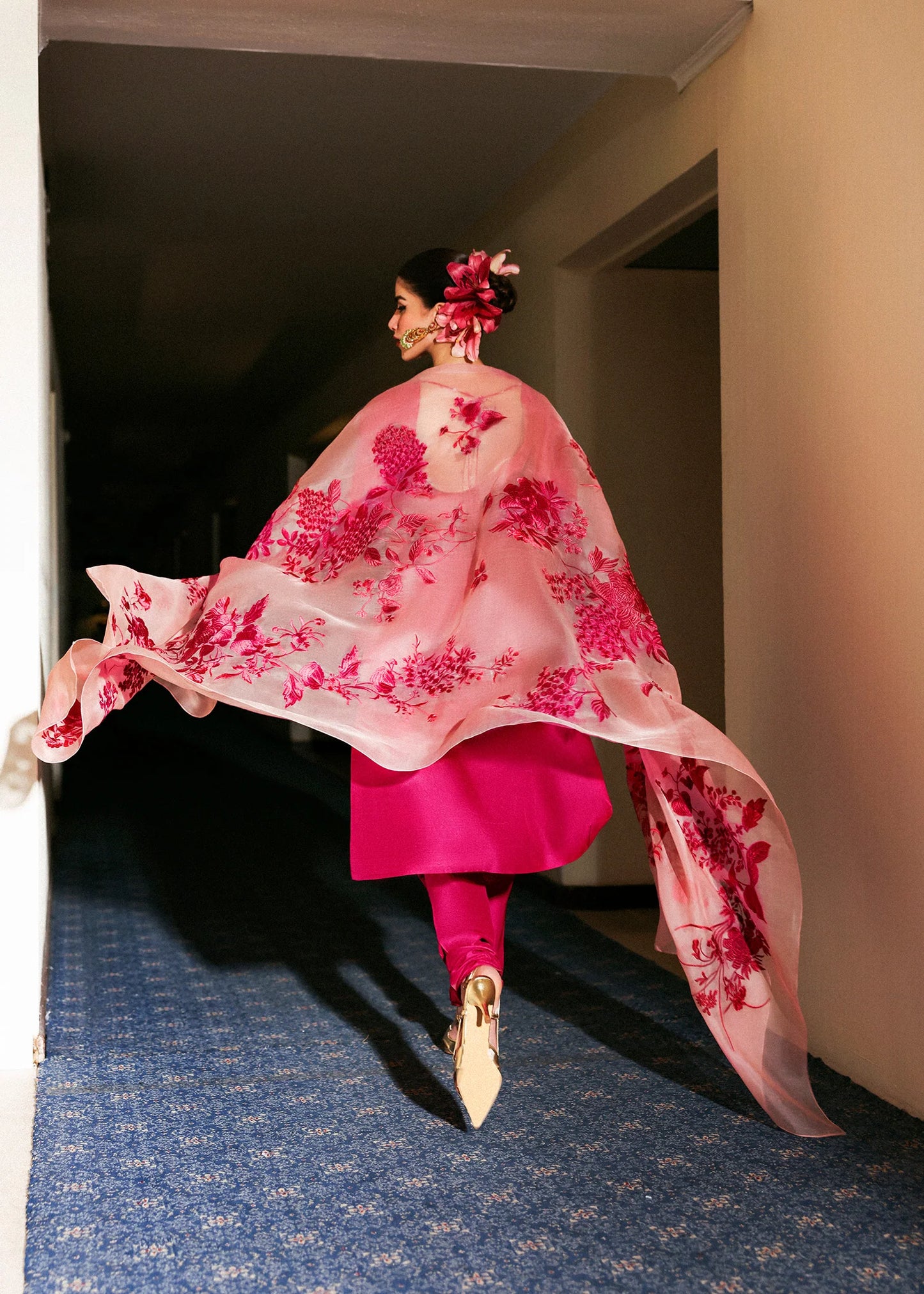 Model wearing deep pink Fusche dress by Hussain Rehar, Pakistani luxury pret available online in UK for festive occasions