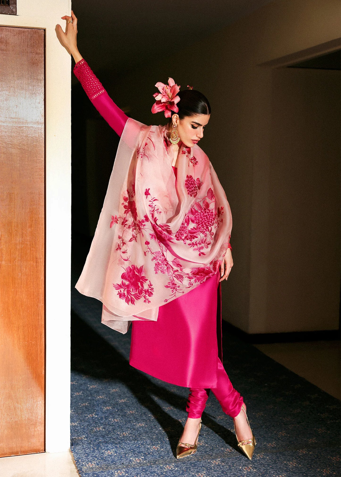Model wearing deep pink Fusche dress by Hussain Rehar, Pakistani luxury pret available online in UK for festive occasions