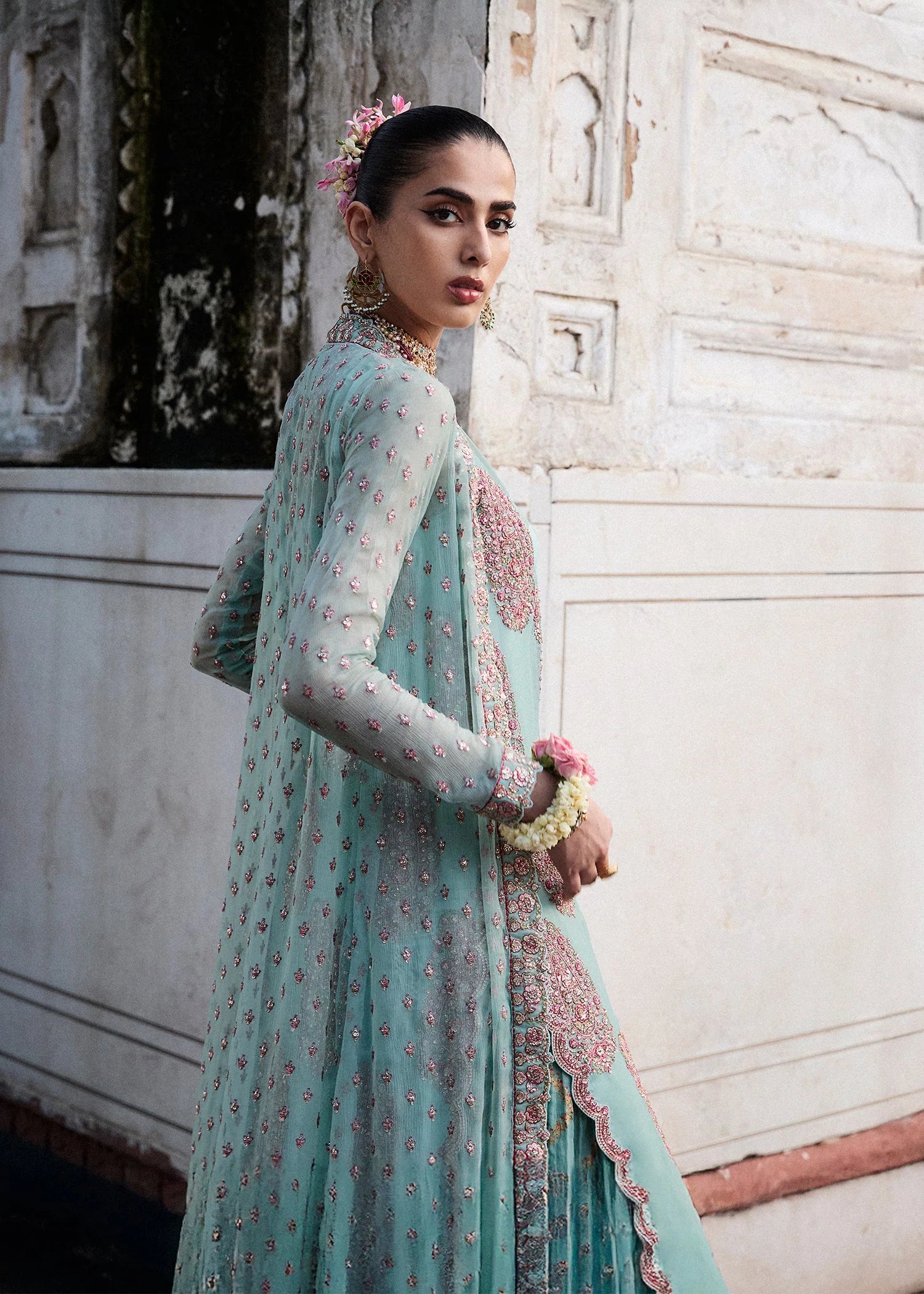 Model wearing Maklina by Hussain Rehar in Sky Blue embroidered ensemble – Pakistani luxury pret available online in UK.