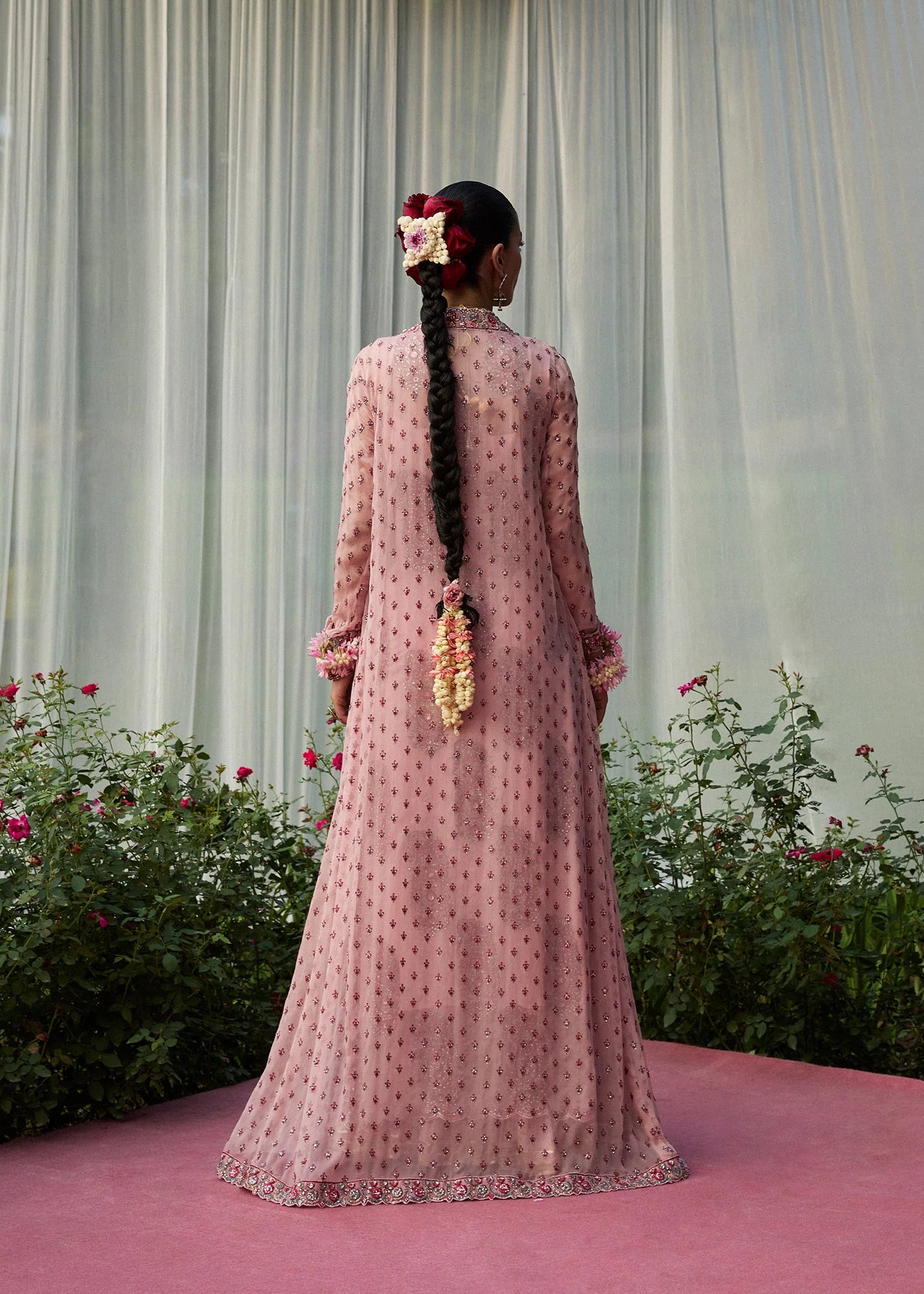 Model wearing Havena by Hussain Rehar in pastel pink embroidered ensemble – Pakistani luxury pret available for online shopping in UK.