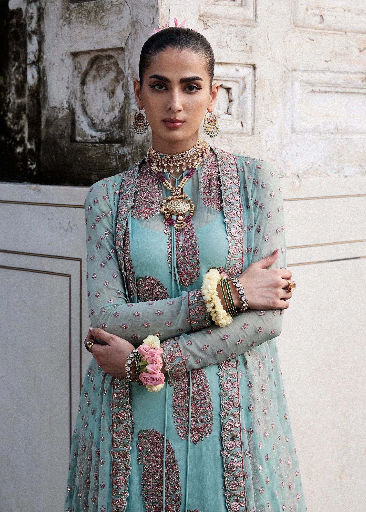 Model wearing Maklina by Hussain Rehar in Sky Blue embroidered ensemble – Pakistani luxury pret available online in UK.
