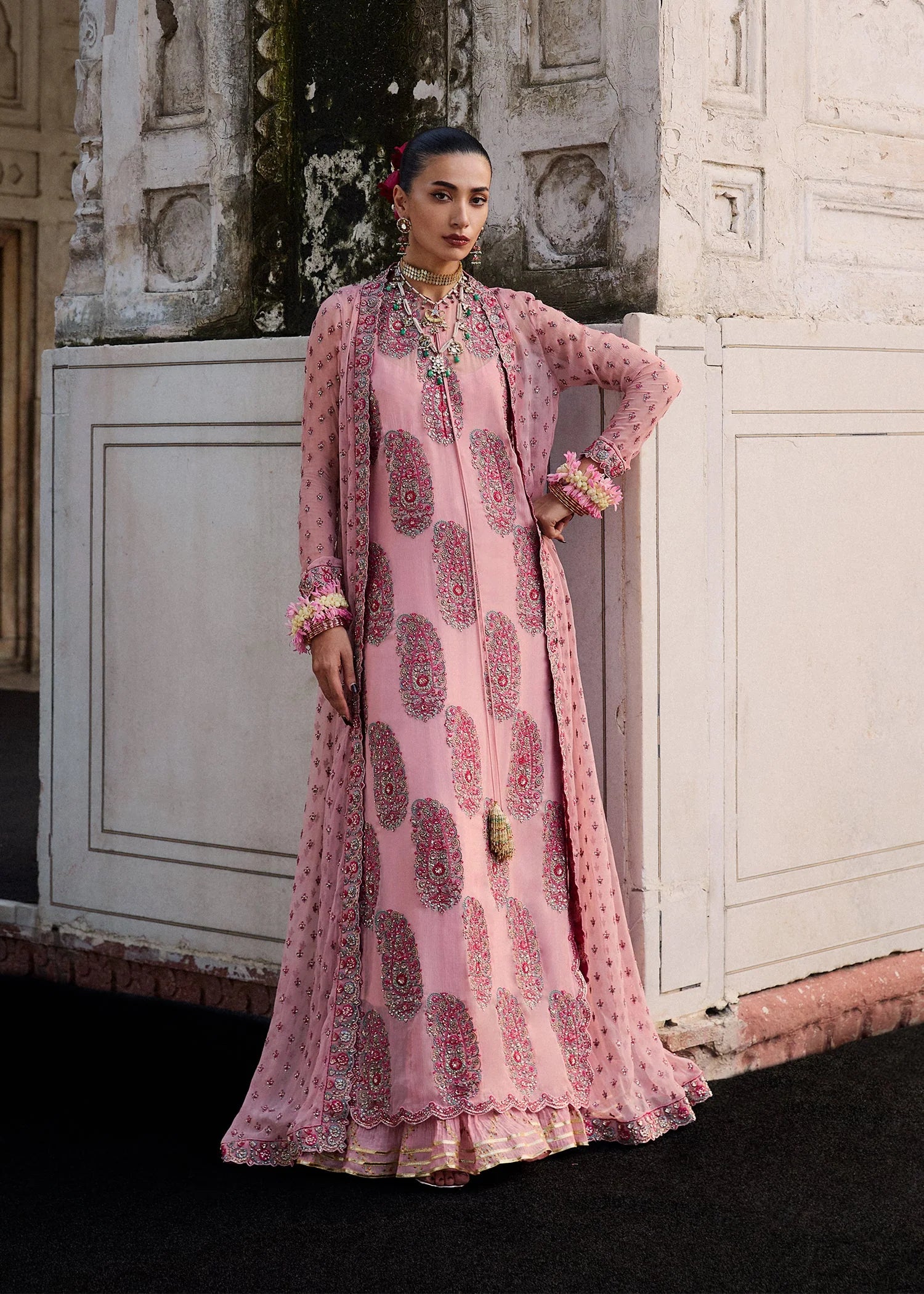 Model wearing Havena by Hussain Rehar in pastel pink embroidered ensemble – Pakistani luxury pret available for online shopping in UK.