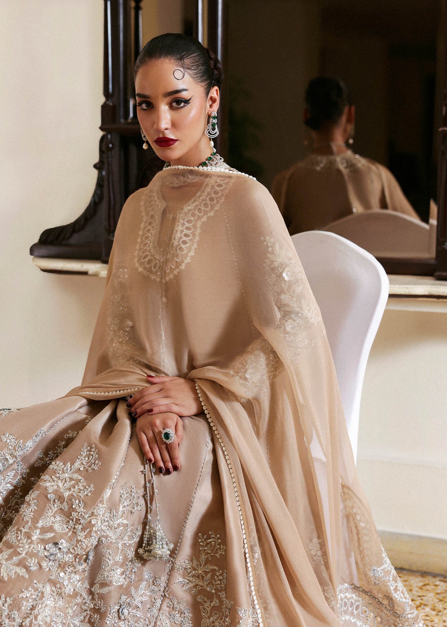 Model wearing beige Aeris dress by Hussain Rehar, Pakistani luxury pret available online in UK, ideal for festive wear