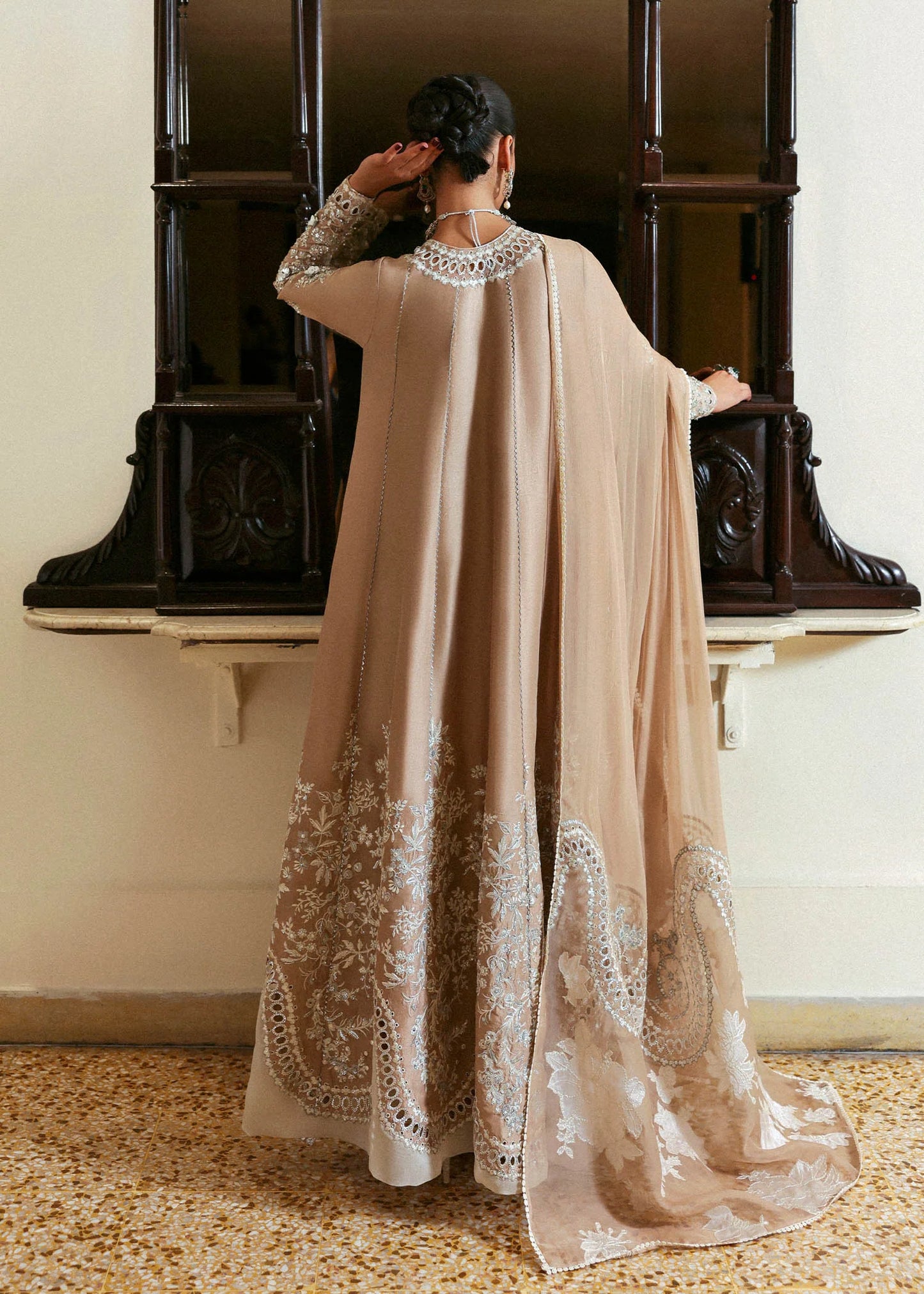 Model wearing beige Aeris dress by Hussain Rehar, Pakistani luxury pret available online in UK, ideal for festive wear