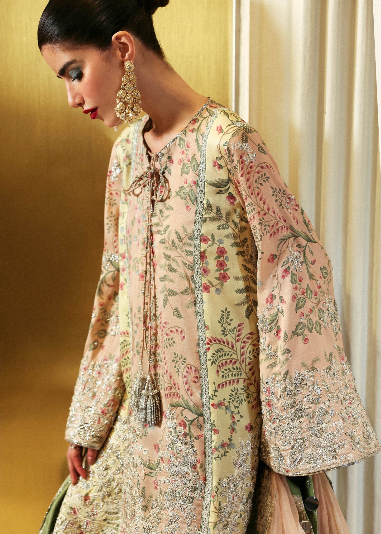 Model wearing multi-color Reve dress by Hussain Rehar, Pakistani luxury pret available online in UK for celebrations.