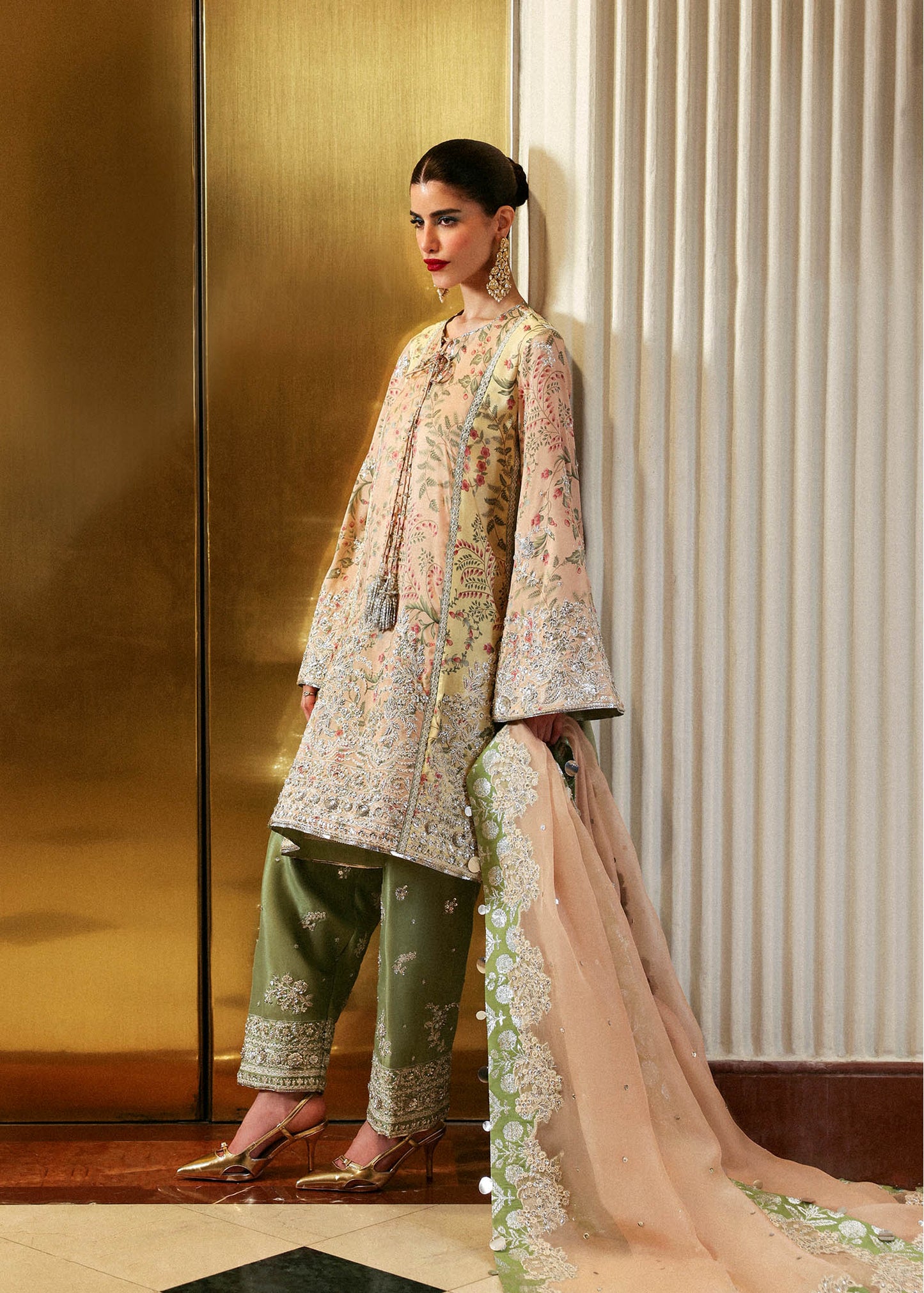 Model wearing multi-color Reve dress by Hussain Rehar, Pakistani luxury pret available online in UK for celebrations.