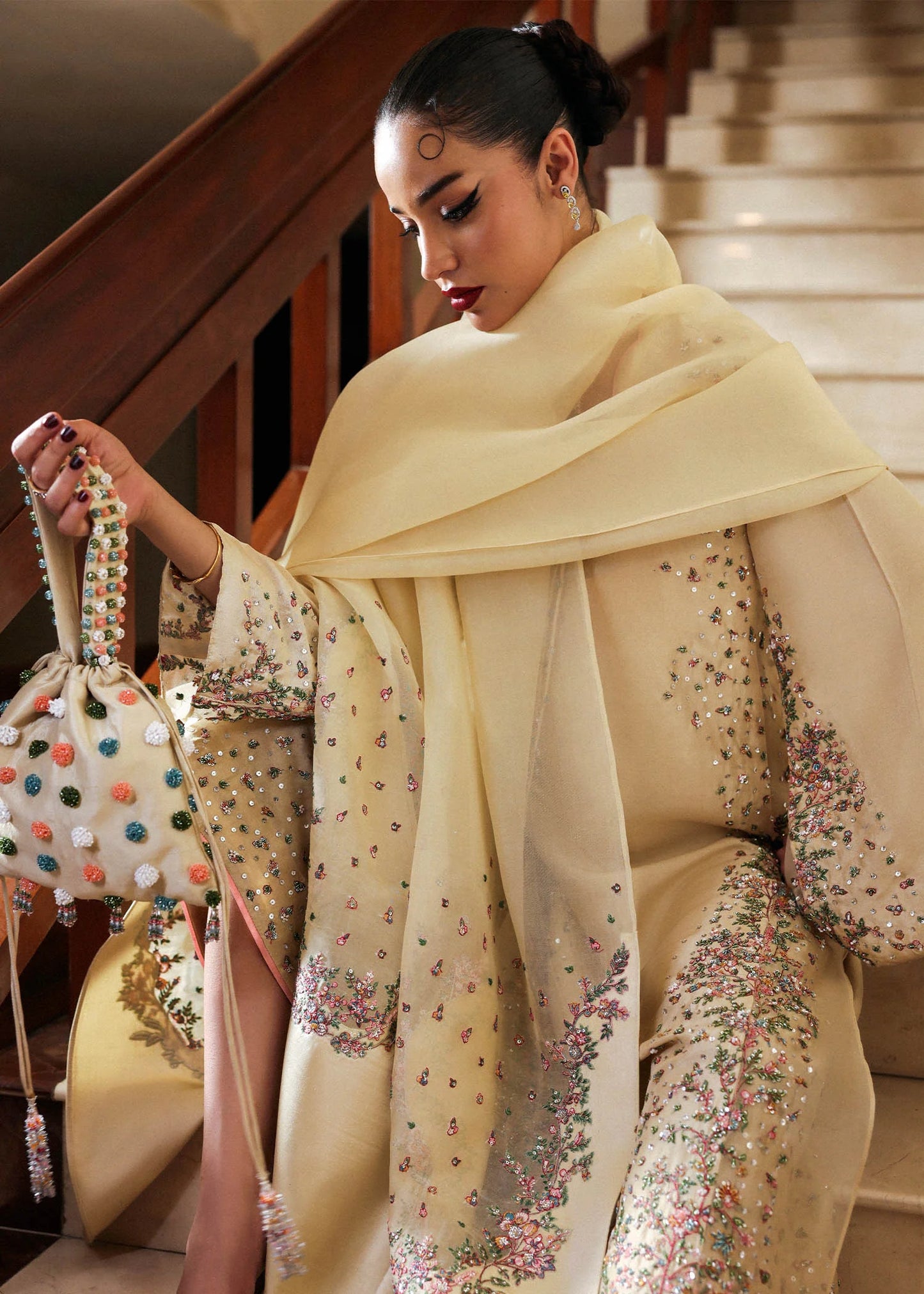 Model wearing cream Ciel dress by Hussain Rehar, Pakistani luxury pret available online in UK, ideal for festive wear
