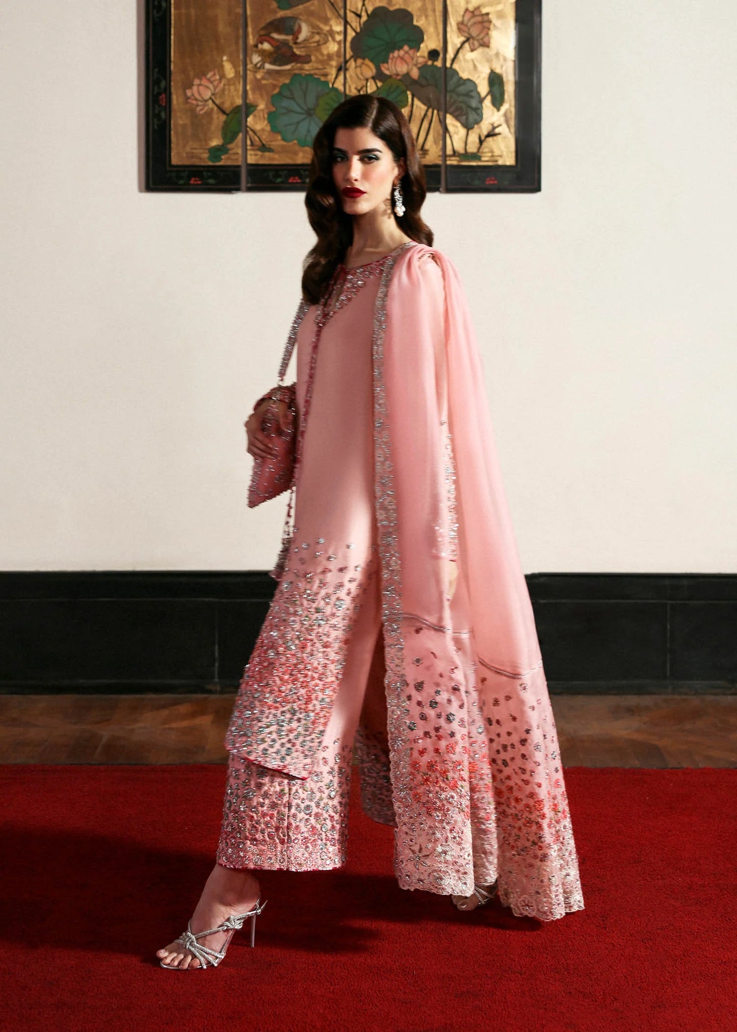 Model wearing pink Evara dress by Hussain Rehar, Pakistani luxury pret available online in UK for wedding and festive wear