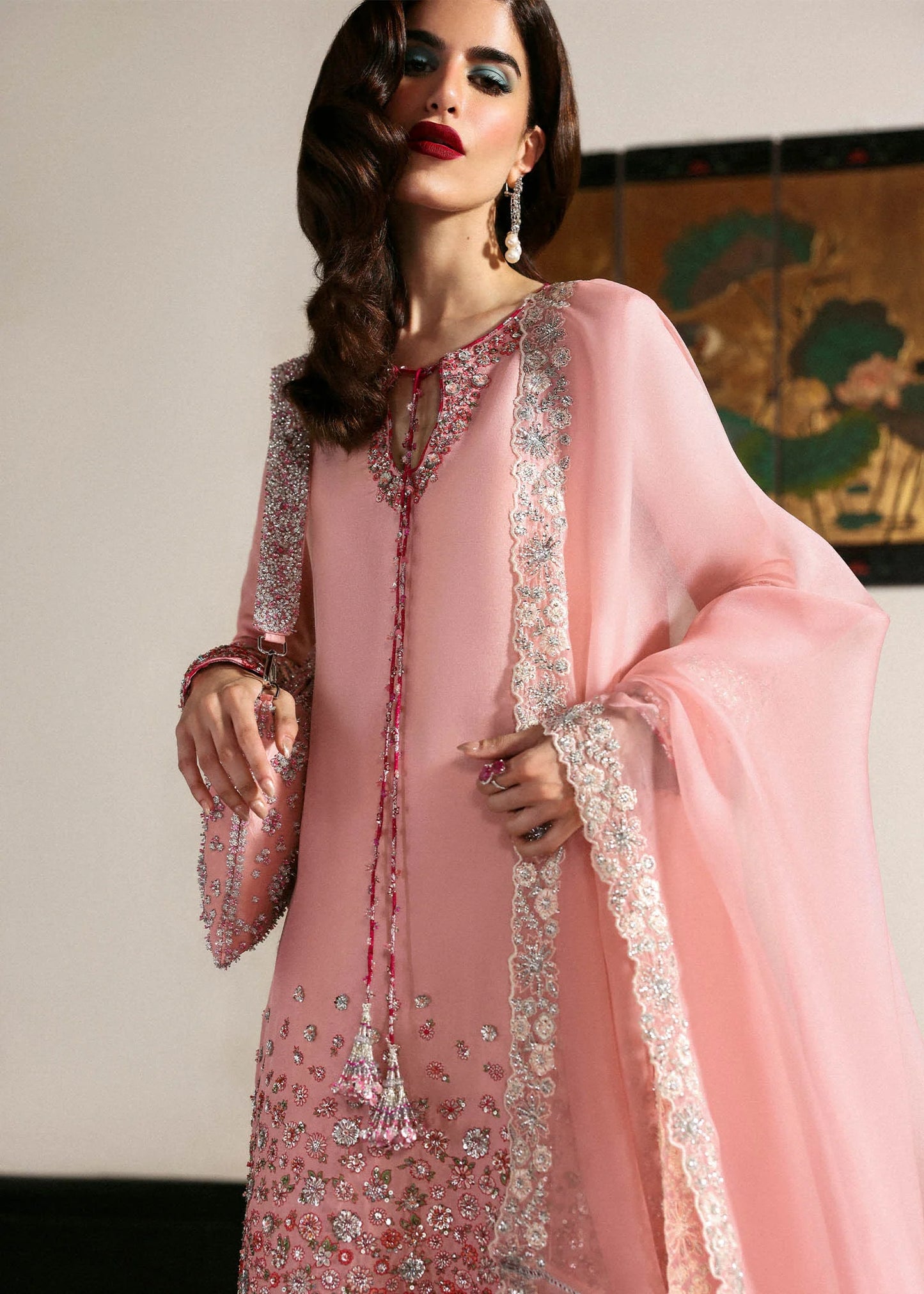 Model wearing pink Evara dress by Hussain Rehar, Pakistani luxury pret available online in UK for wedding and festive wear