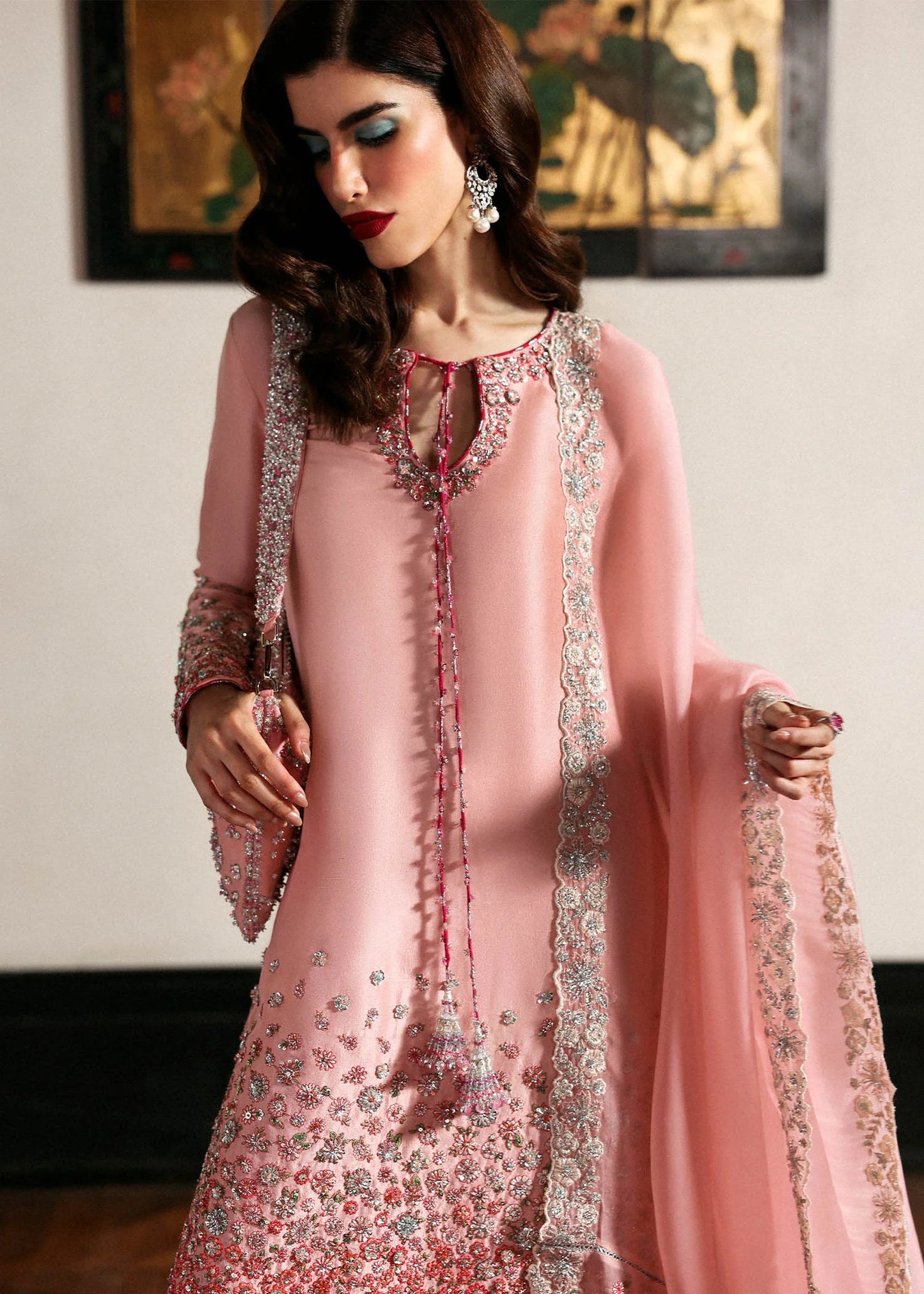 Model wearing pink Evara dress by Hussain Rehar, Pakistani luxury pret available online in UK for wedding and festive wear
