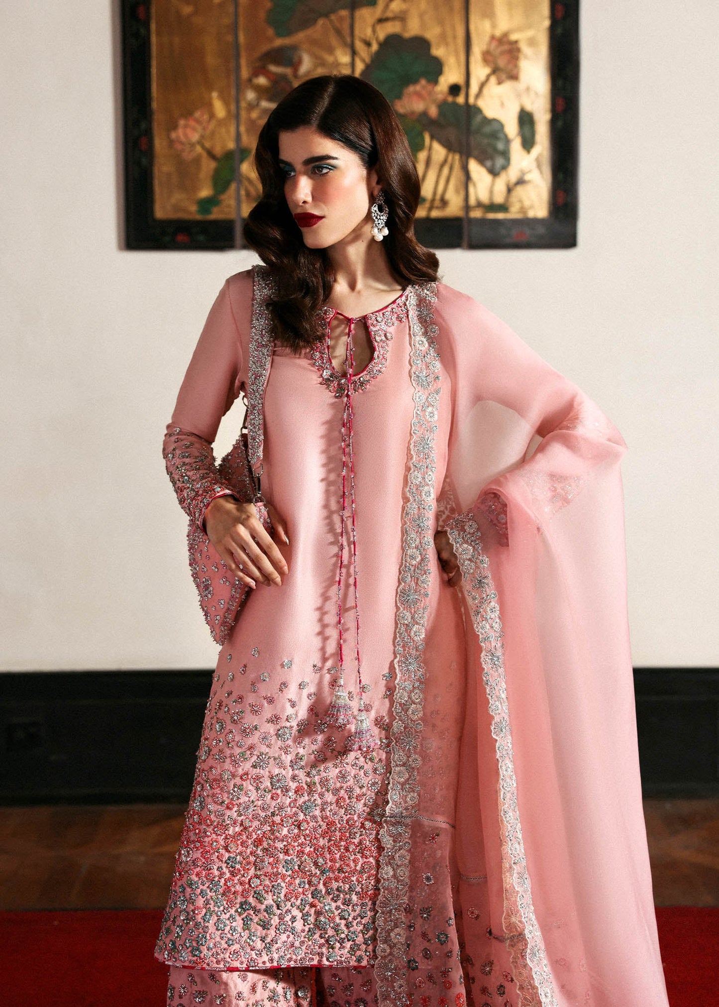 Model wearing pink Evara dress by Hussain Rehar, Pakistani luxury pret available online in UK for wedding and festive wear