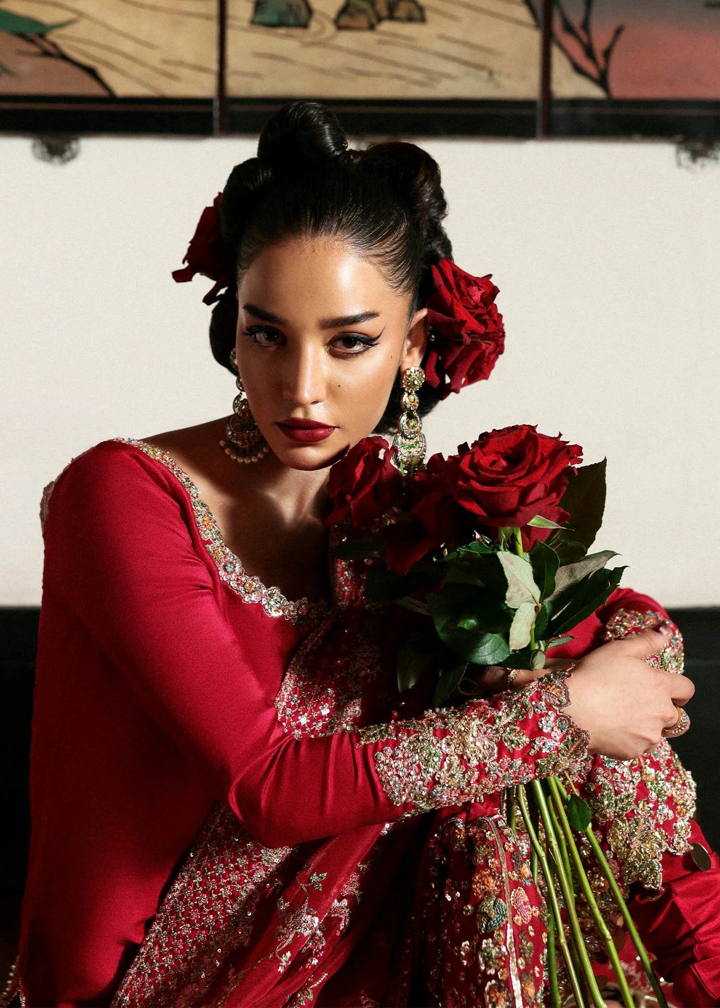 Model wearing deep red Zephira dress by Hussain Rehar, Pakistani luxury pret available online in UK for festive occasions