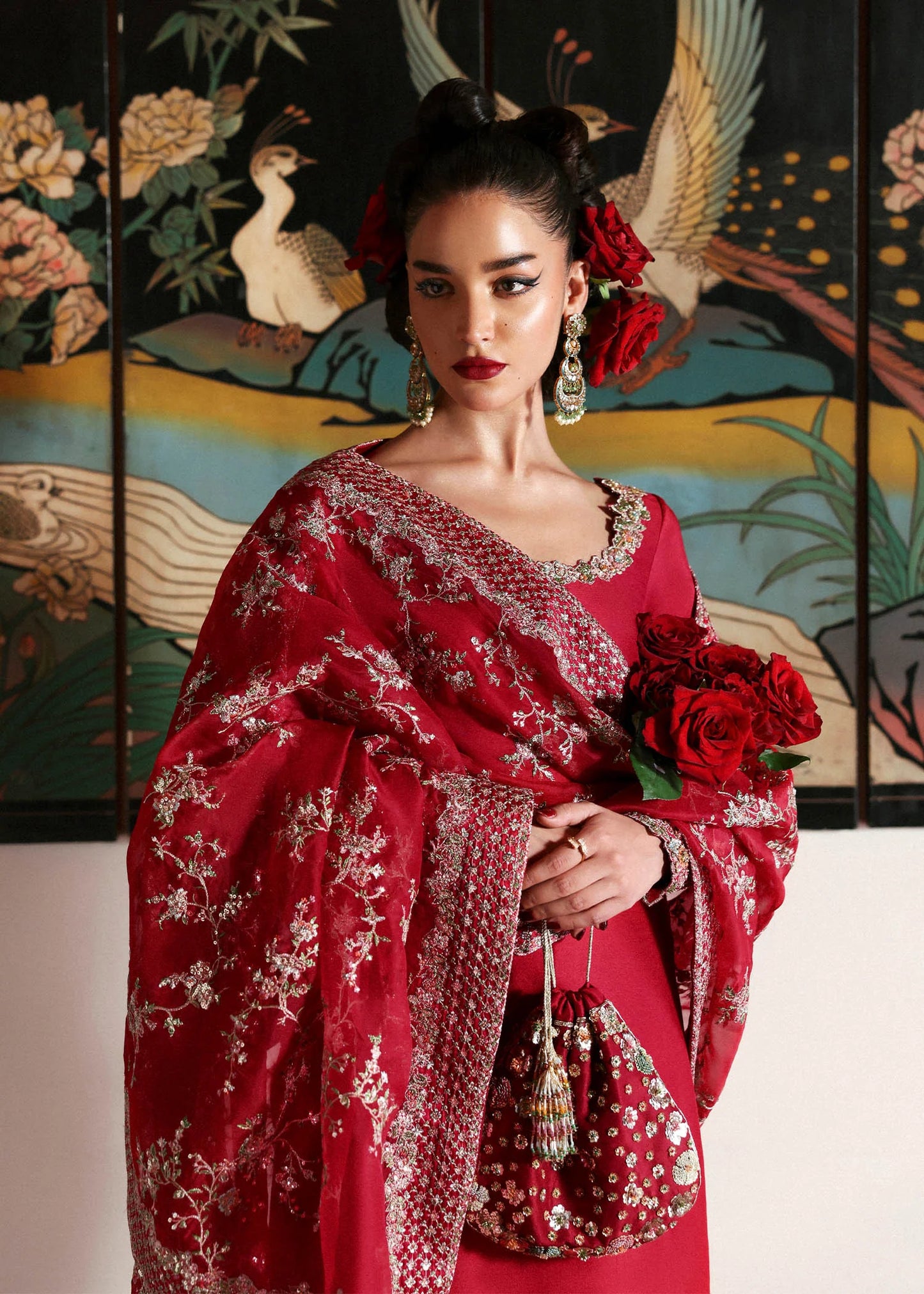 Model wearing deep red Zephira dress by Hussain Rehar, Pakistani luxury pret available online in UK for festive occasions