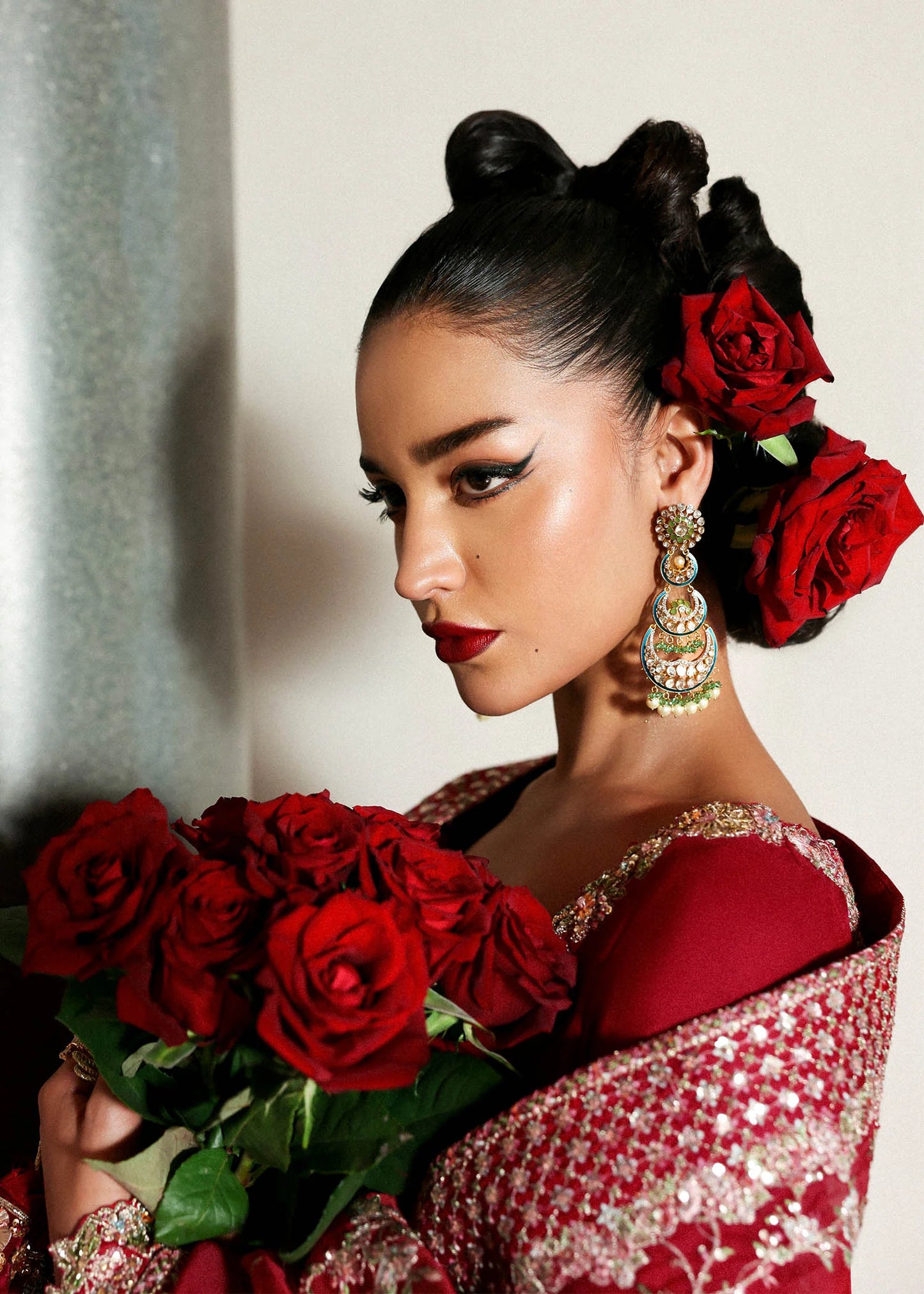 Model wearing deep red Zephira dress by Hussain Rehar, Pakistani luxury pret available online in UK for festive occasions