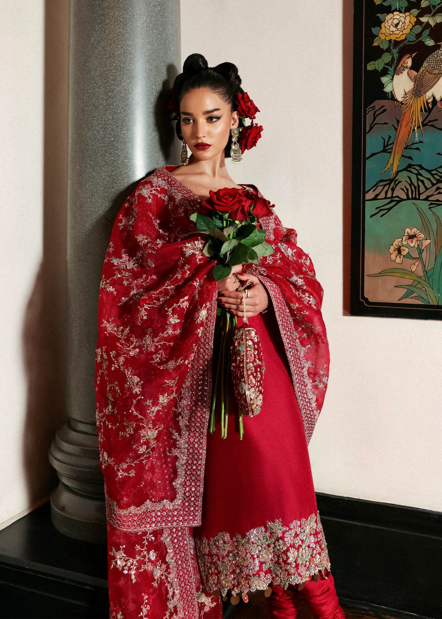 Model wearing deep red Zephira dress by Hussain Rehar, Pakistani luxury pret available online in UK for festive occasions