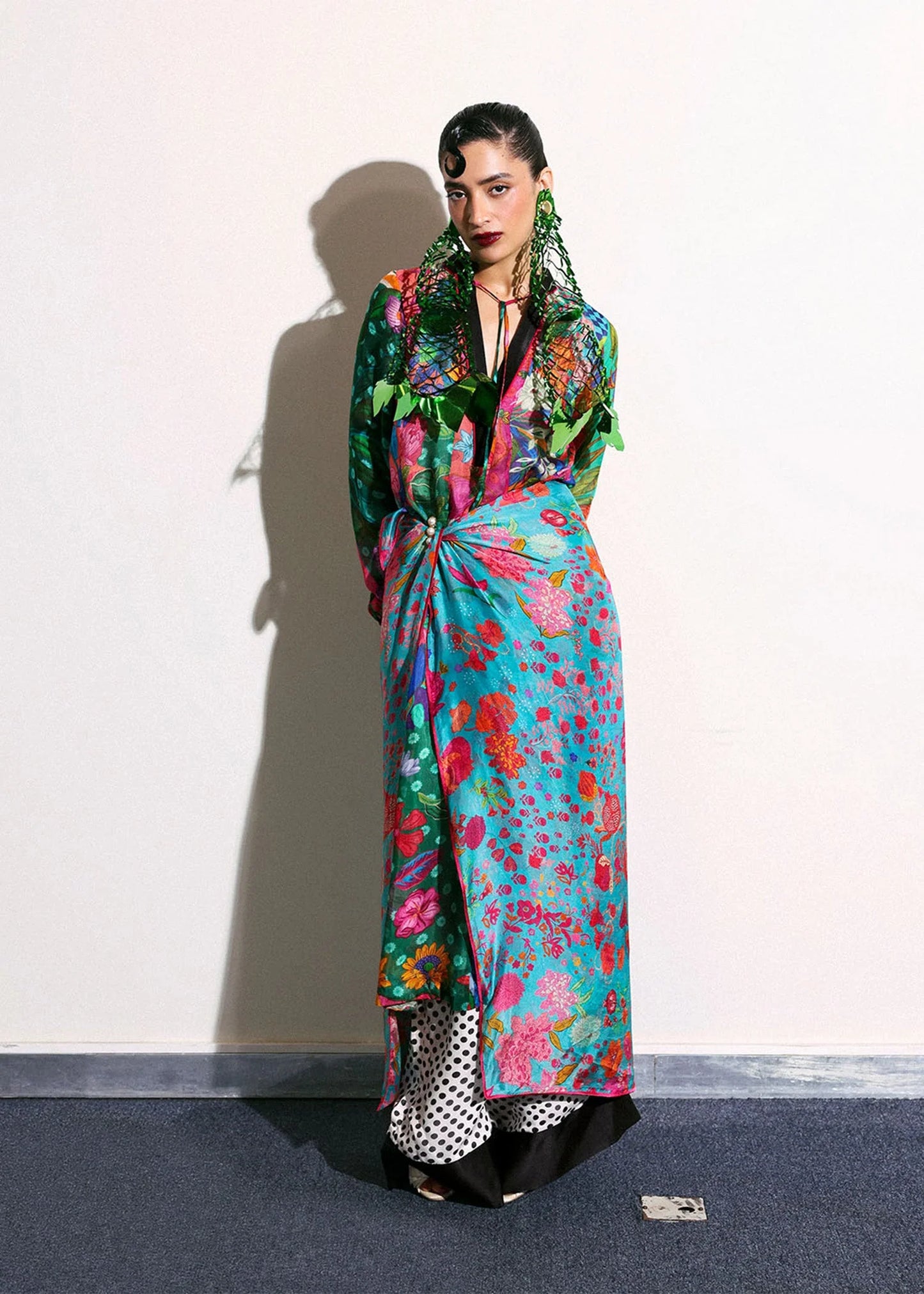 Model wearing multicolor floral Claret outfit with polka dot trousers from Hussain Rehar, ideal for Pakistani luxury pret in UK.
