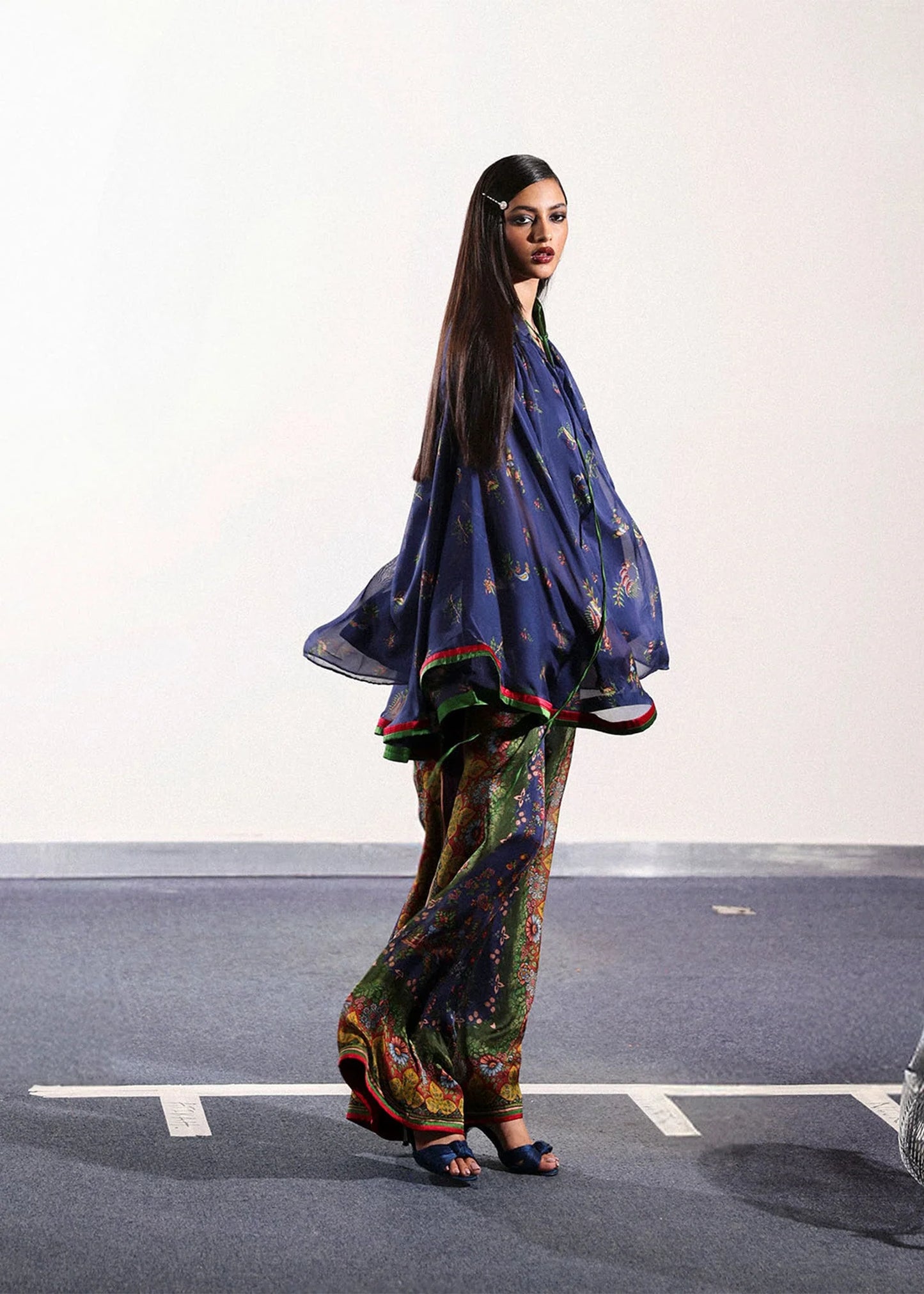 Model wearing navy blue and green Sienna outfit from Hussain Rehar PAY DAY VOL - V, ideal Pakistani luxury pret for UK wardrobes.