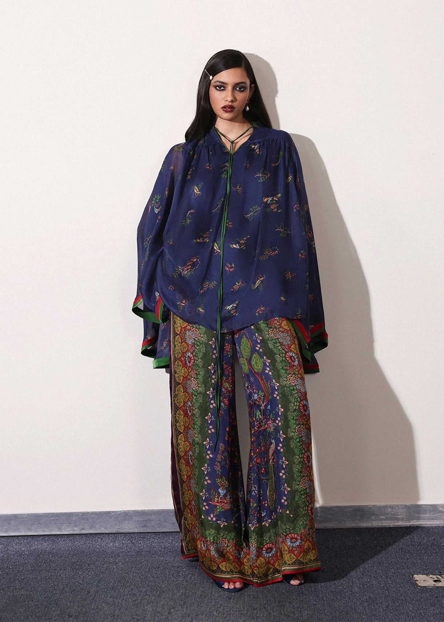 Model wearing navy blue and green Sienna outfit from Hussain Rehar PAY DAY VOL - V, ideal Pakistani luxury pret for UK wardrobes.