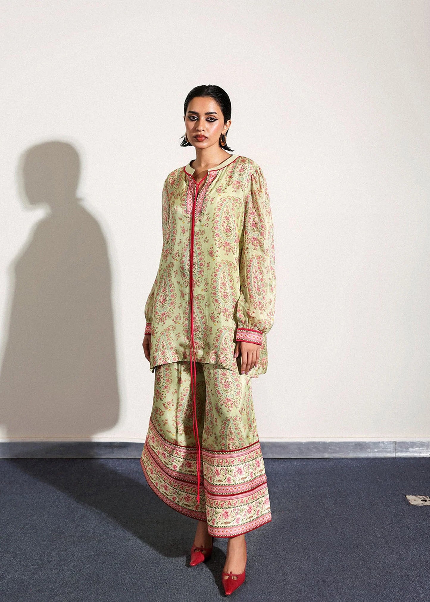 Model wearing light green floral print Beryl outfit from Hussain Rehar, ideal for Pakistani luxury pret and clothes online in UK.