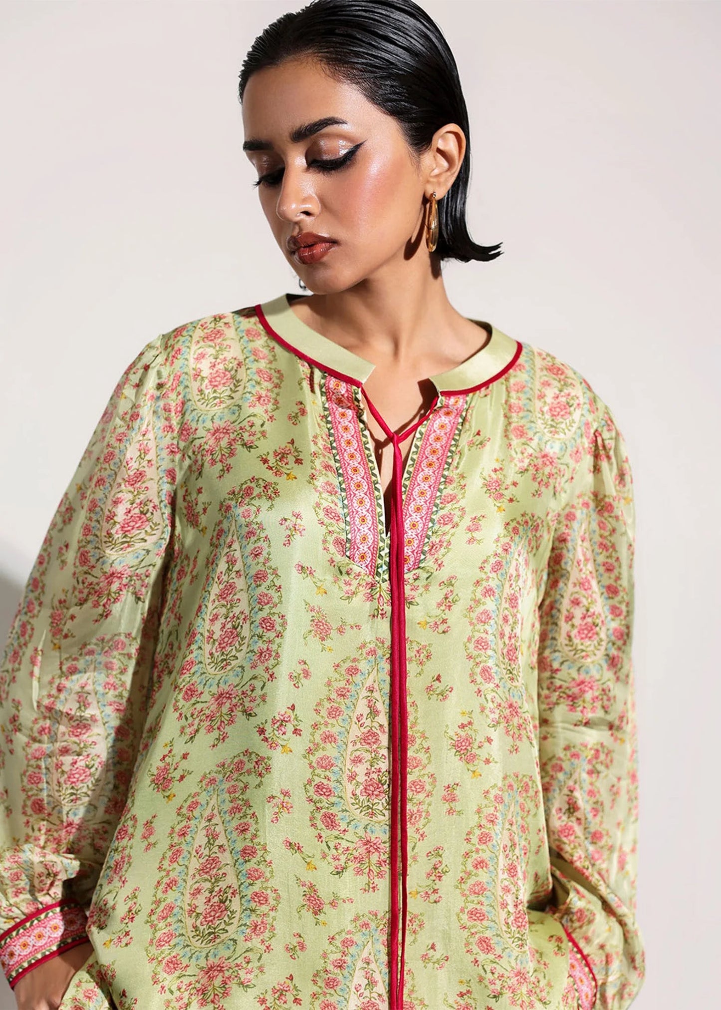 Model wearing light green floral print Beryl outfit from Hussain Rehar, ideal for Pakistani luxury pret and clothes online in UK.
