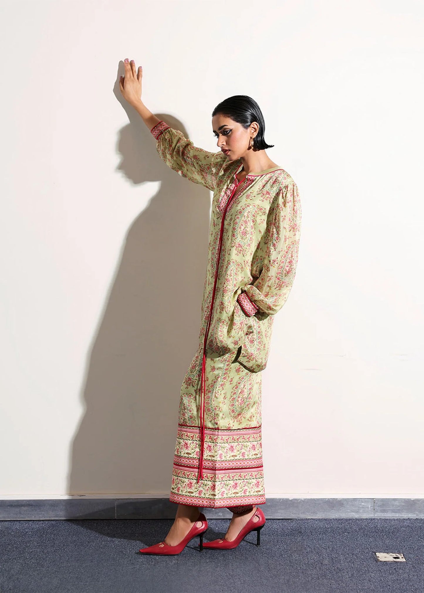 Model wearing light green floral print Beryl outfit from Hussain Rehar, ideal for Pakistani luxury pret and clothes online in UK.