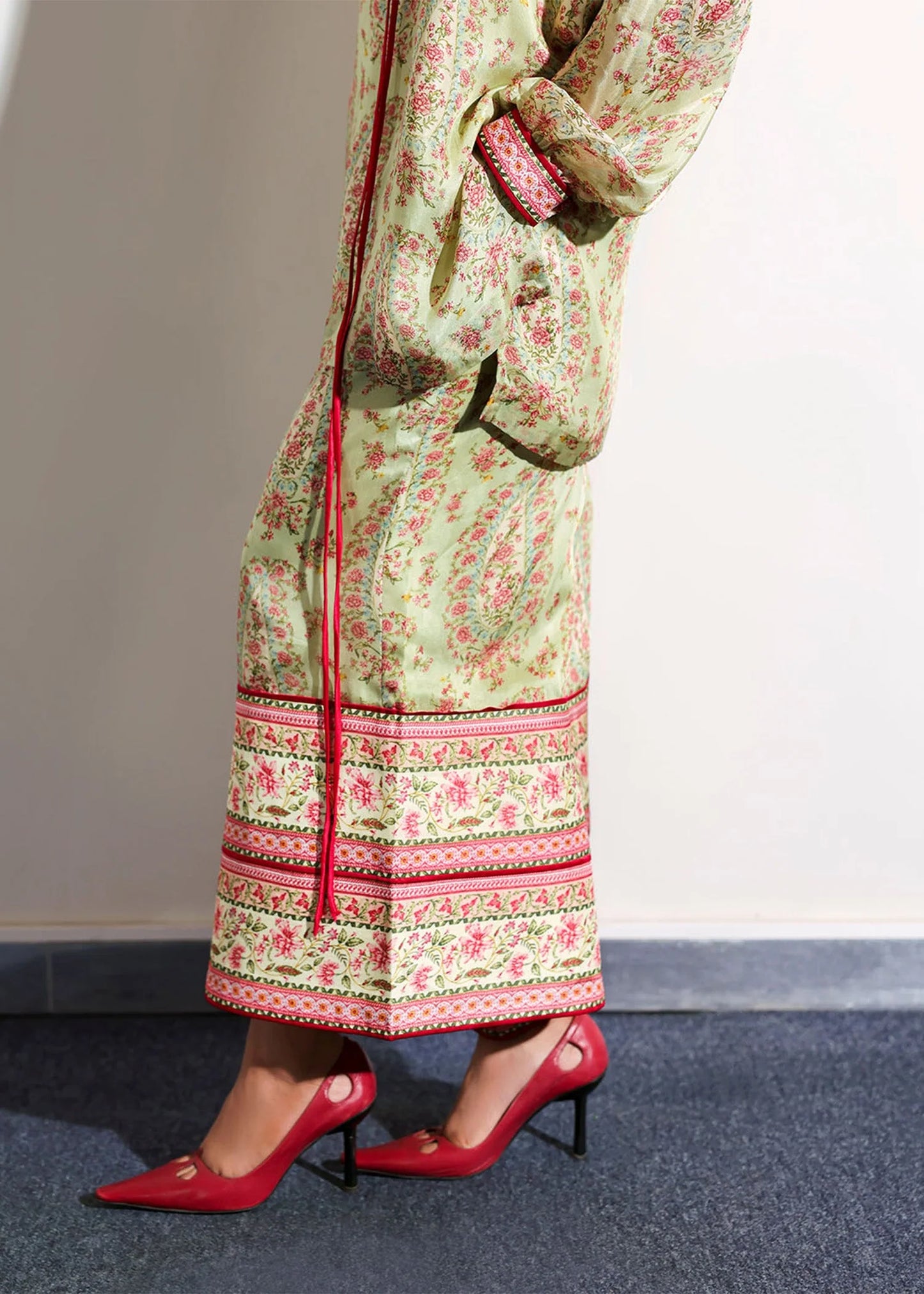 Model wearing light green floral print Beryl outfit from Hussain Rehar, ideal for Pakistani luxury pret and clothes online in UK.