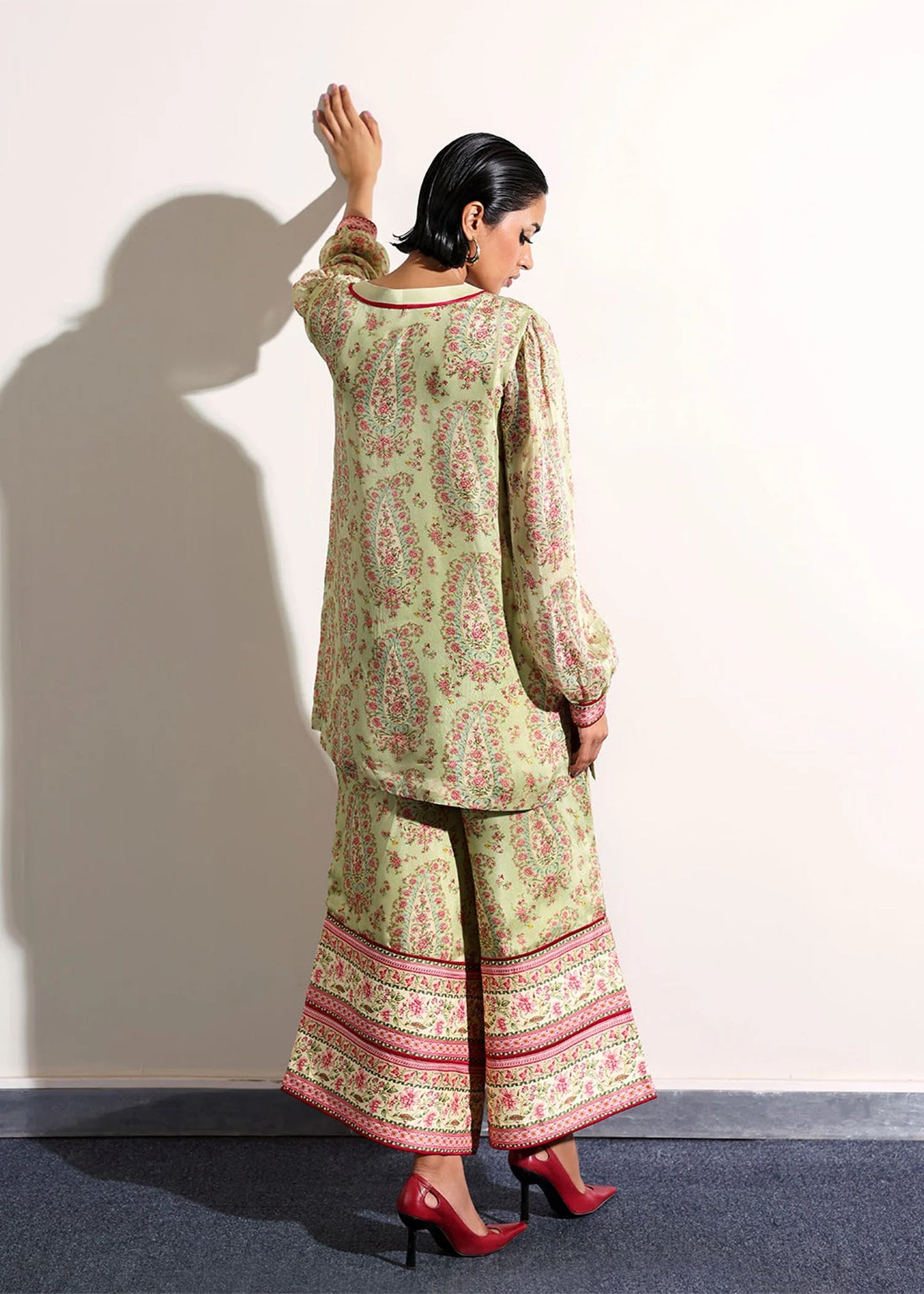 Model wearing light green floral print Beryl outfit from Hussain Rehar, ideal for Pakistani luxury pret and clothes online in UK.