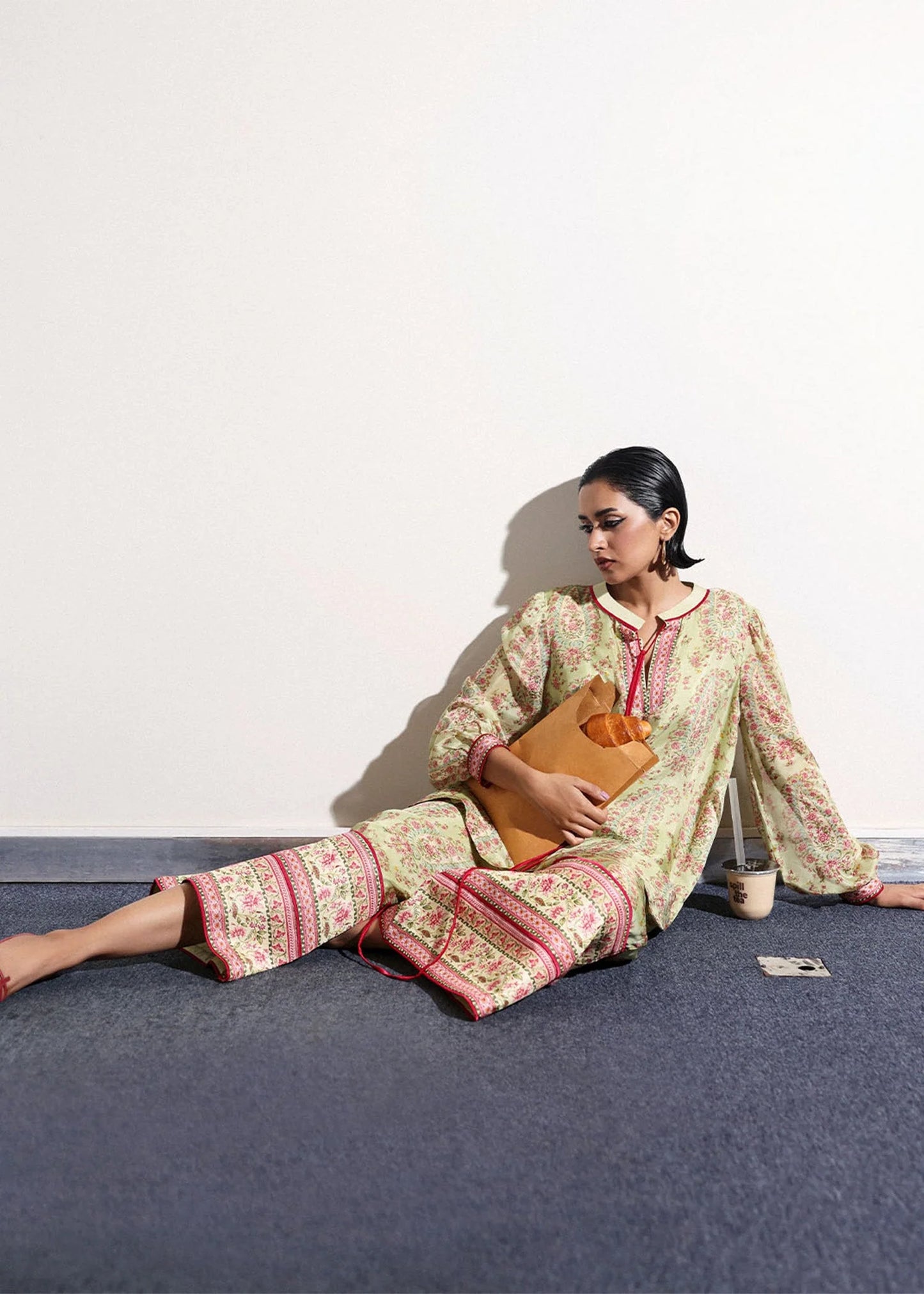 Model wearing light green floral print Beryl outfit from Hussain Rehar, ideal for Pakistani luxury pret and clothes online in UK.