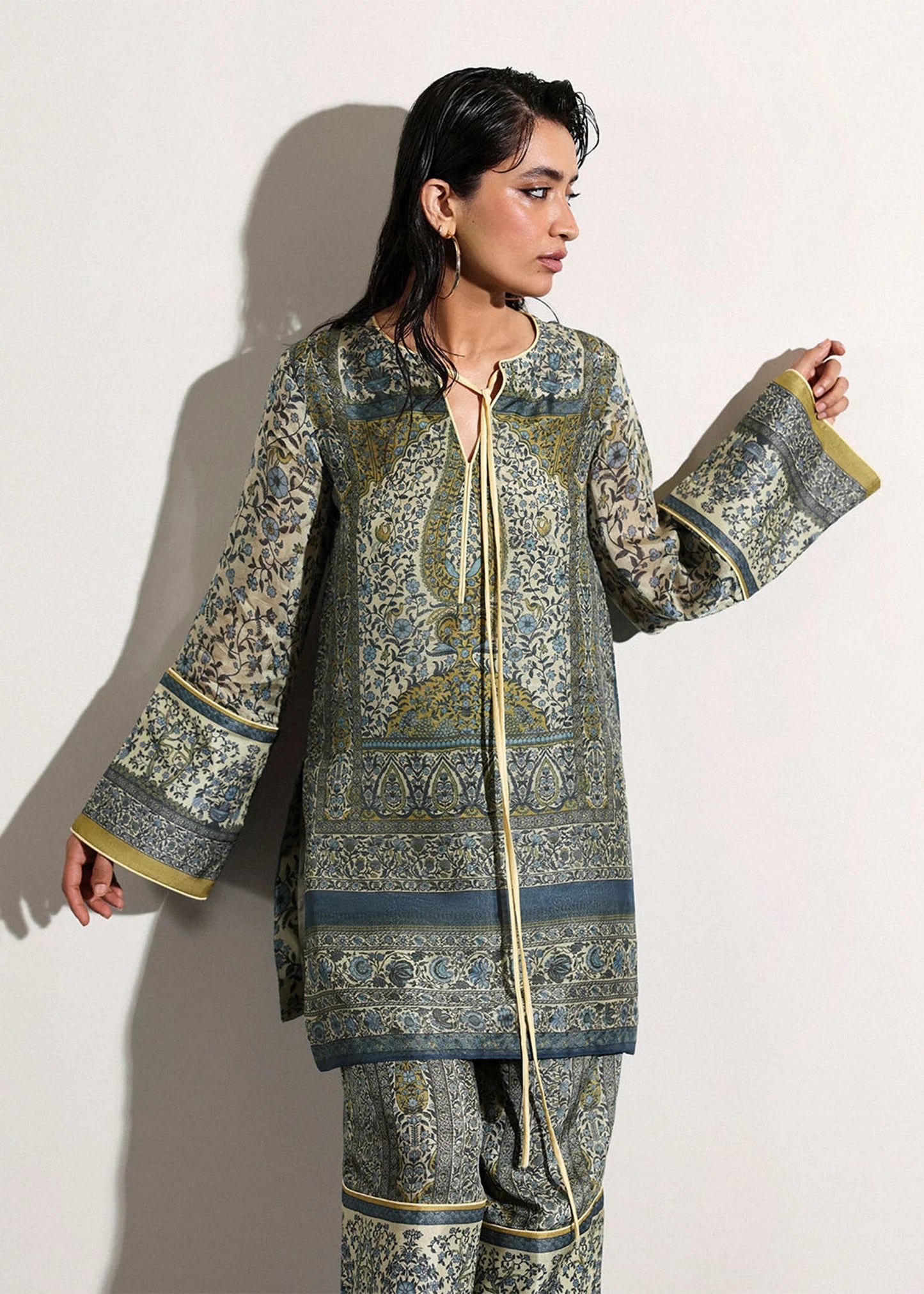 Model wearing blue and olive printed co-ord set from Hussain Rehar PAY DAY VOL - V, Pakistani luxury pret for Pakistani clothes online in UK.
