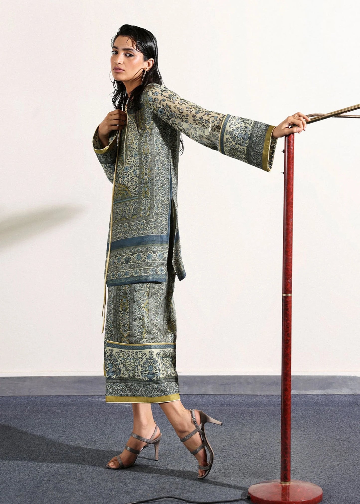Model wearing blue and olive printed co-ord set from Hussain Rehar PAY DAY VOL - V, Pakistani luxury pret for Pakistani clothes online in UK.