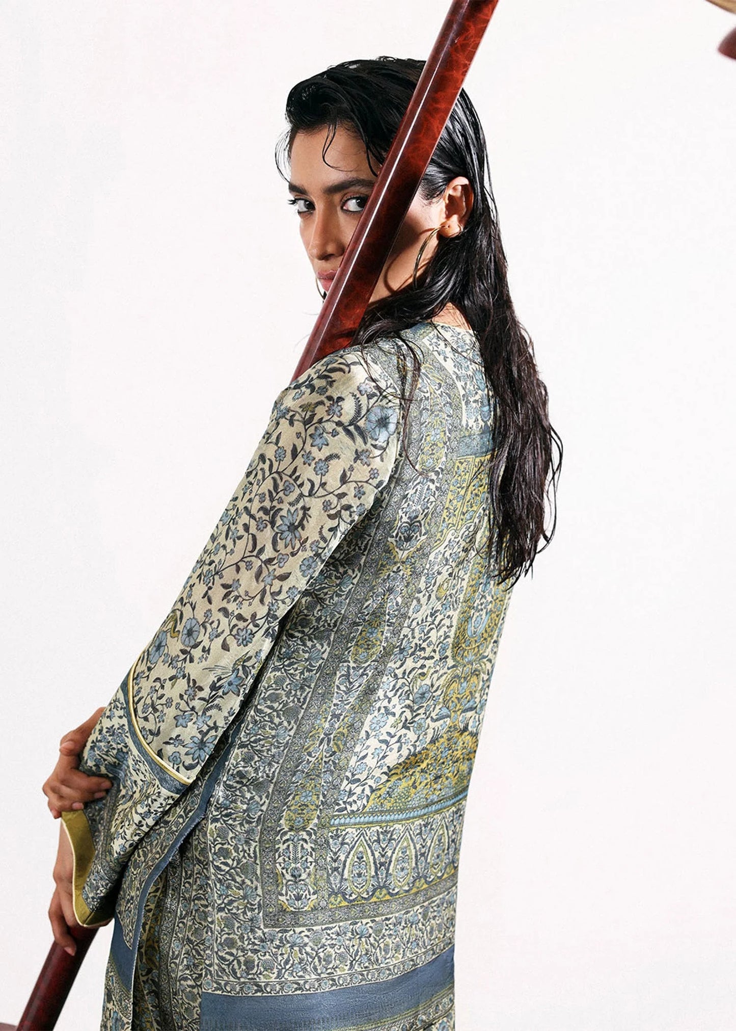 Model wearing blue and olive printed co-ord set from Hussain Rehar PAY DAY VOL - V, Pakistani luxury pret for Pakistani clothes online in UK.