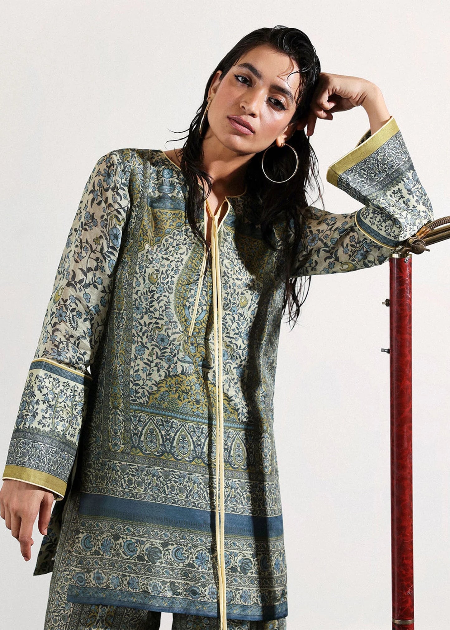 Model wearing blue and olive printed co-ord set from Hussain Rehar PAY DAY VOL - V, Pakistani luxury pret for Pakistani clothes online in UK.