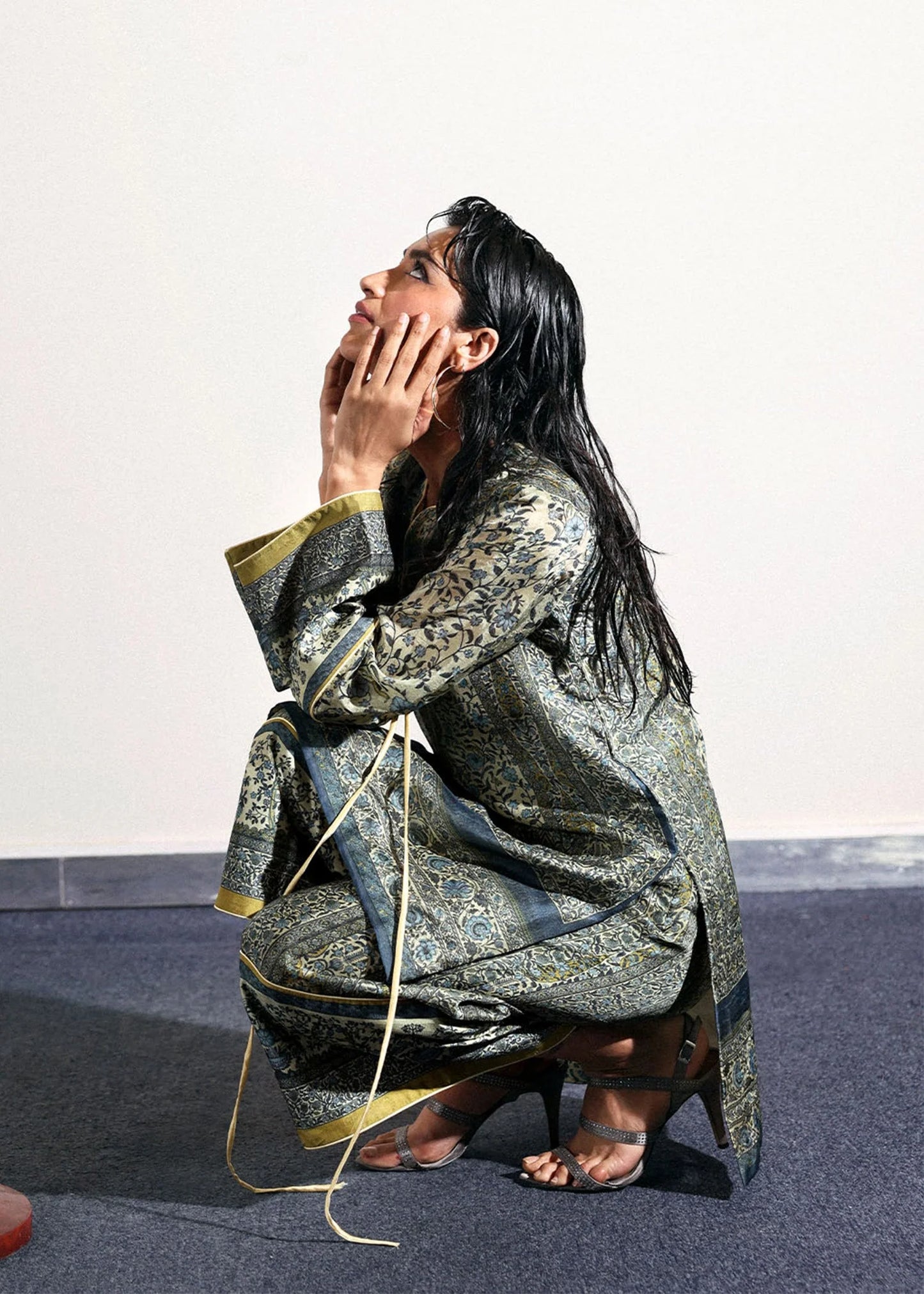 Model wearing blue and olive printed co-ord set from Hussain Rehar PAY DAY VOL - V, Pakistani luxury pret for Pakistani clothes online in UK.